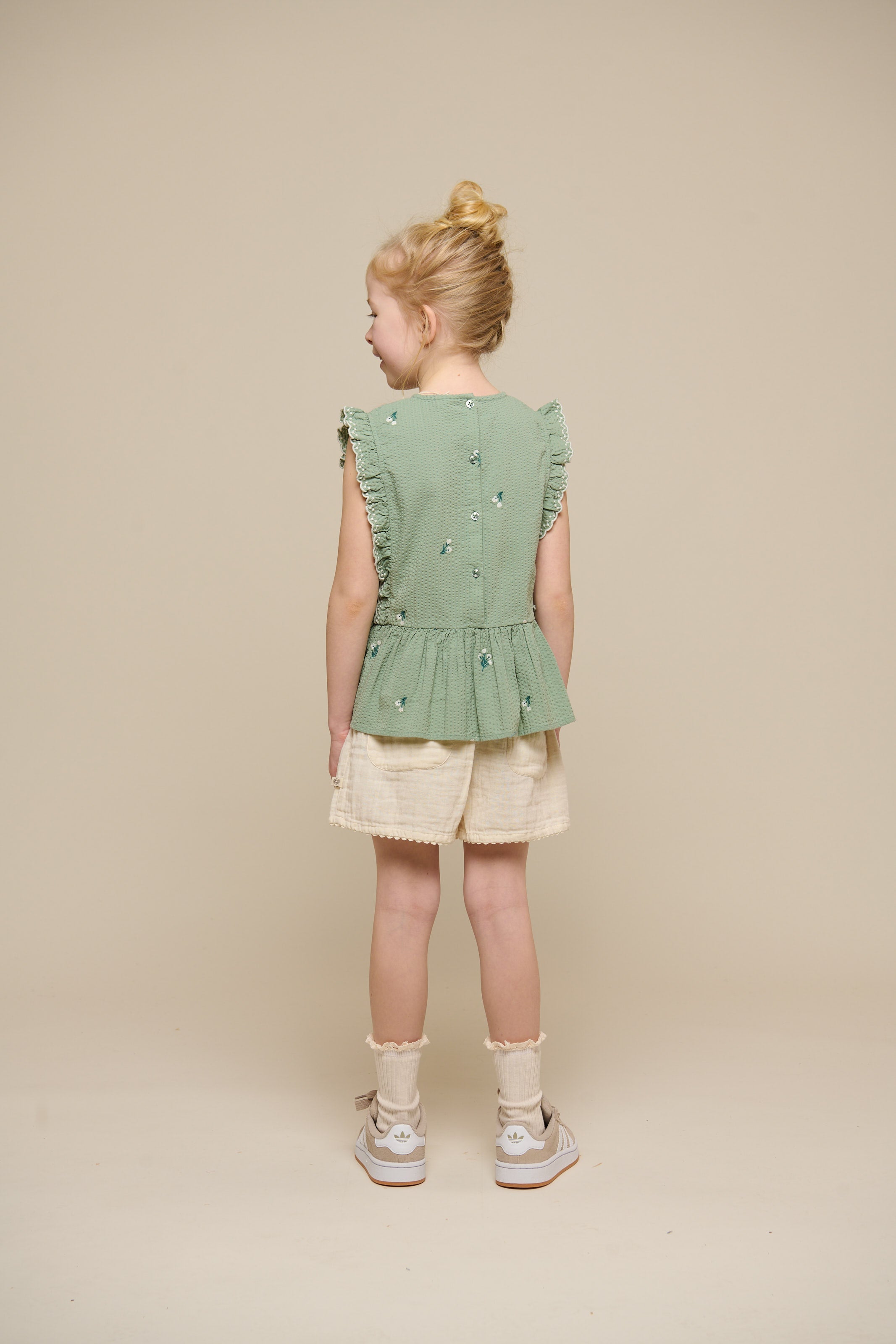 Geborduurde Seersucker Top - Tween - Dusty Green | 100981 Nora
