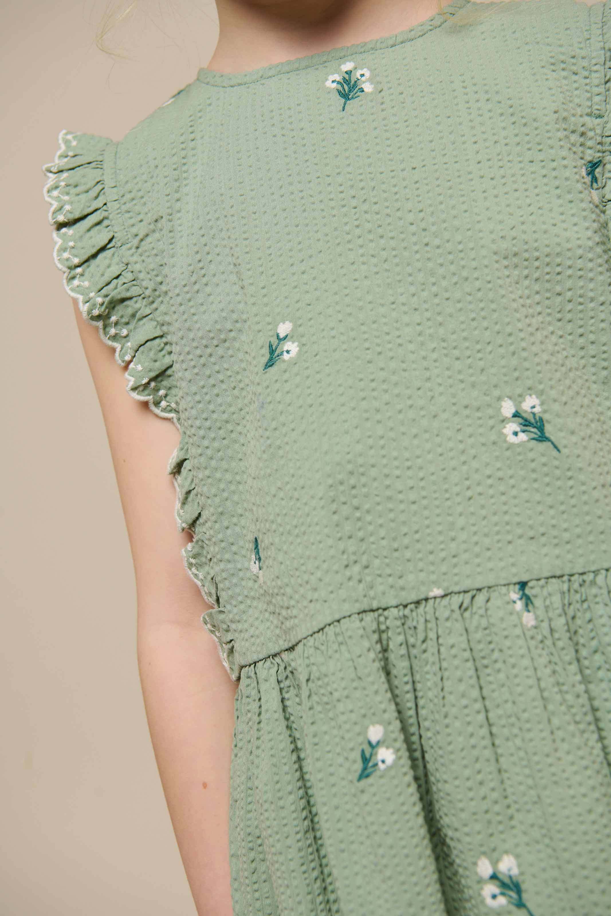 Geborduurde Seersucker Top - Tween - Dusty Green | 100981 Nora