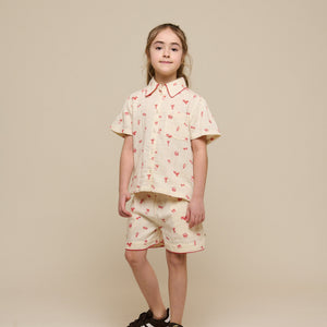 Bedrukte gaze shirt en korte broek set - Tween - Offwhite/Cherry Red | 100973 Fiona