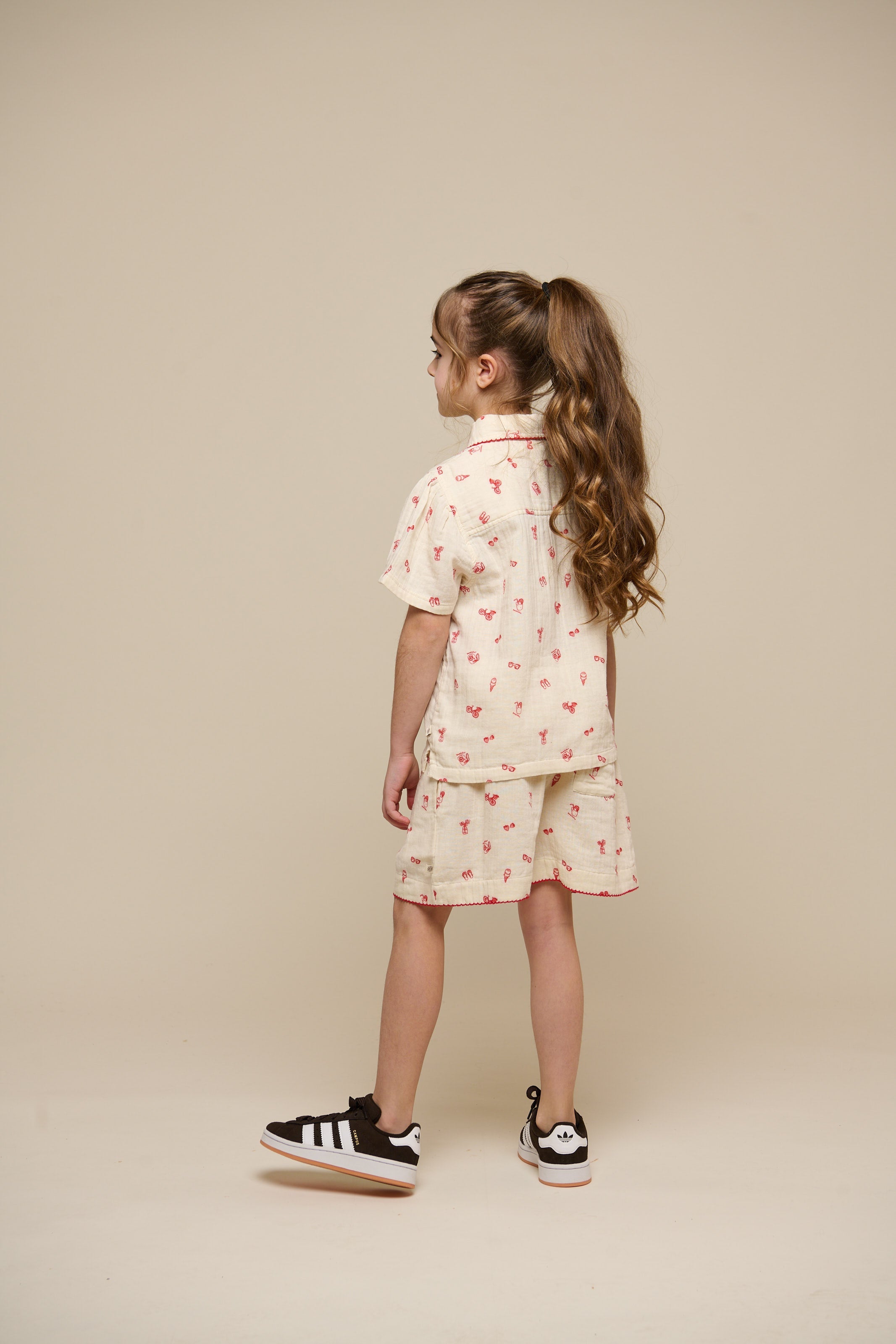 Bedrukte gaze shirt en korte broek set - Tween - Offwhite/Cherry Red | 100973 Fiona