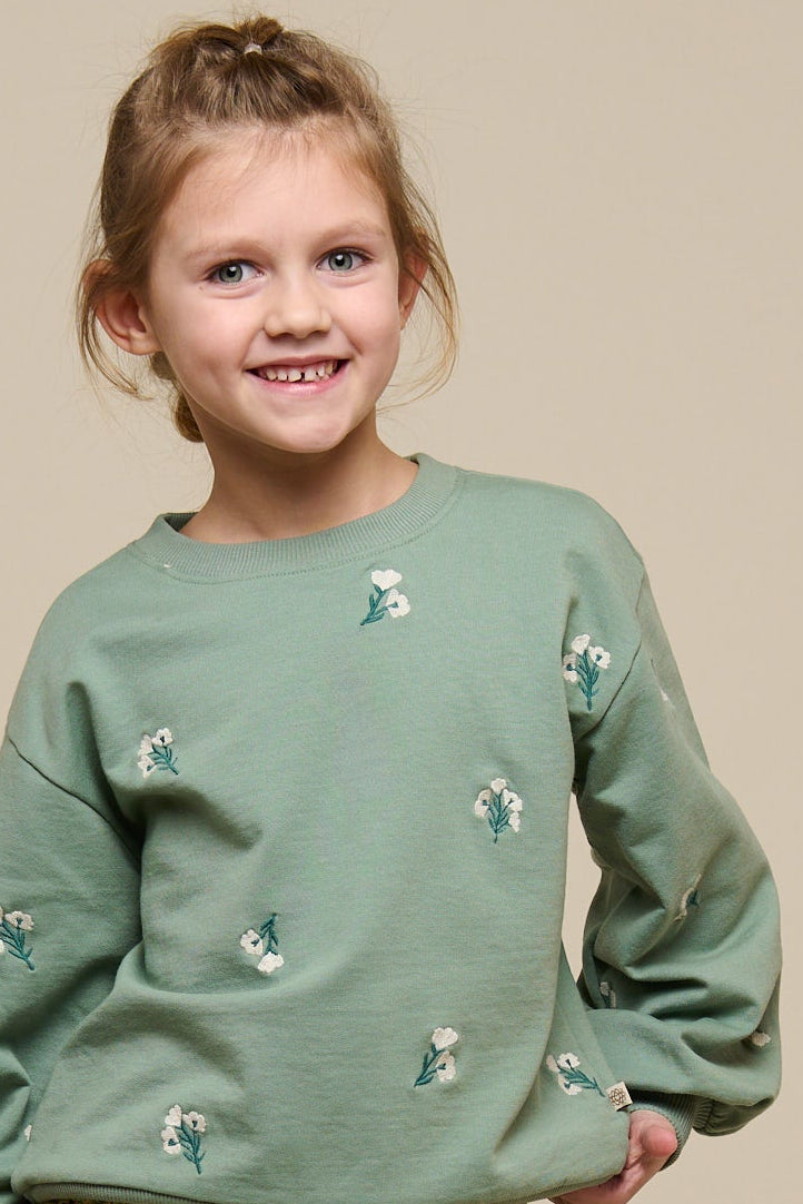 Geborduurd Crewneck Sweatshirt - Tween - Dusty Green | 101212 Kimber