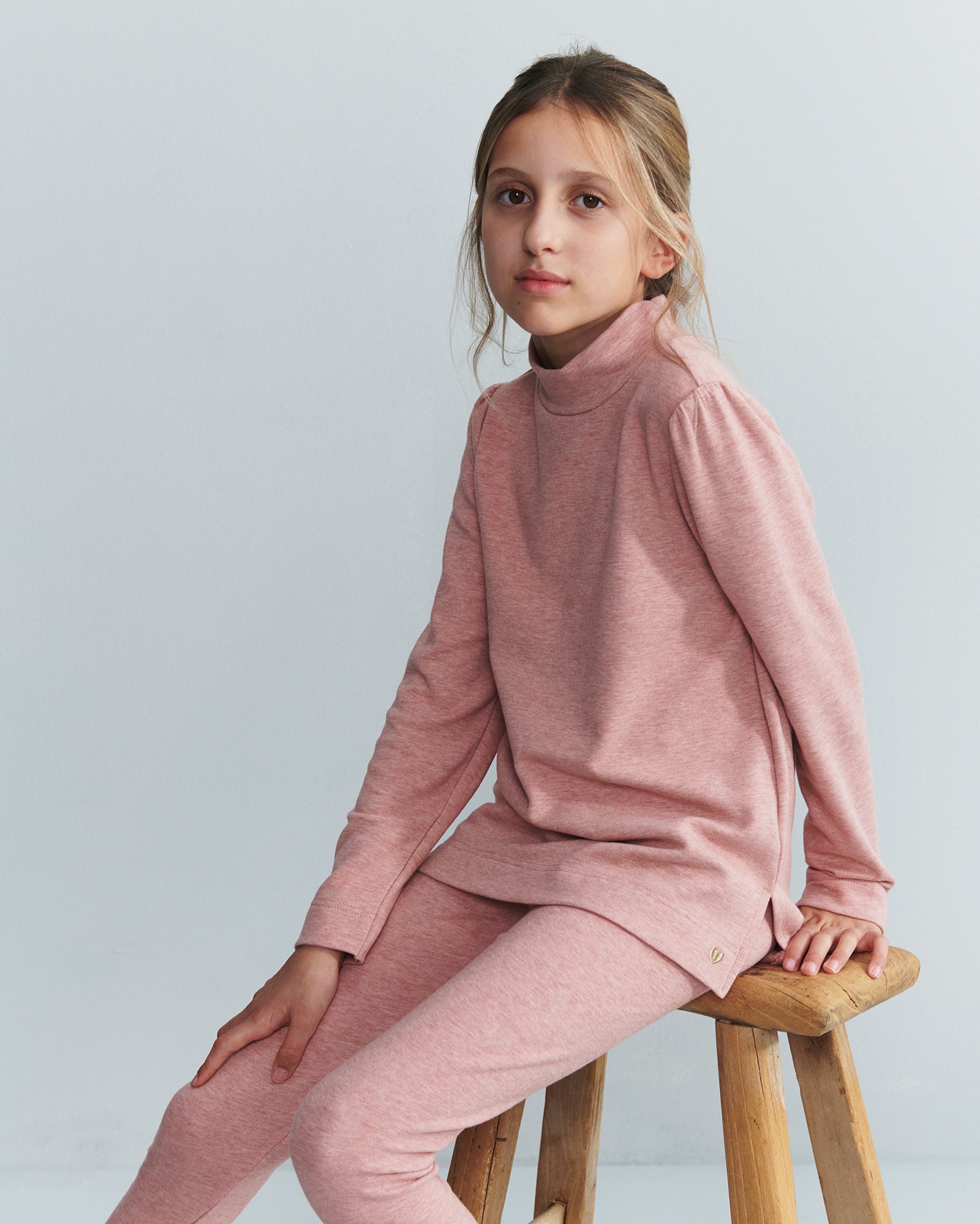 Pluche Jersey T-hals Blouse - Tweens - Dusty Rose Melange