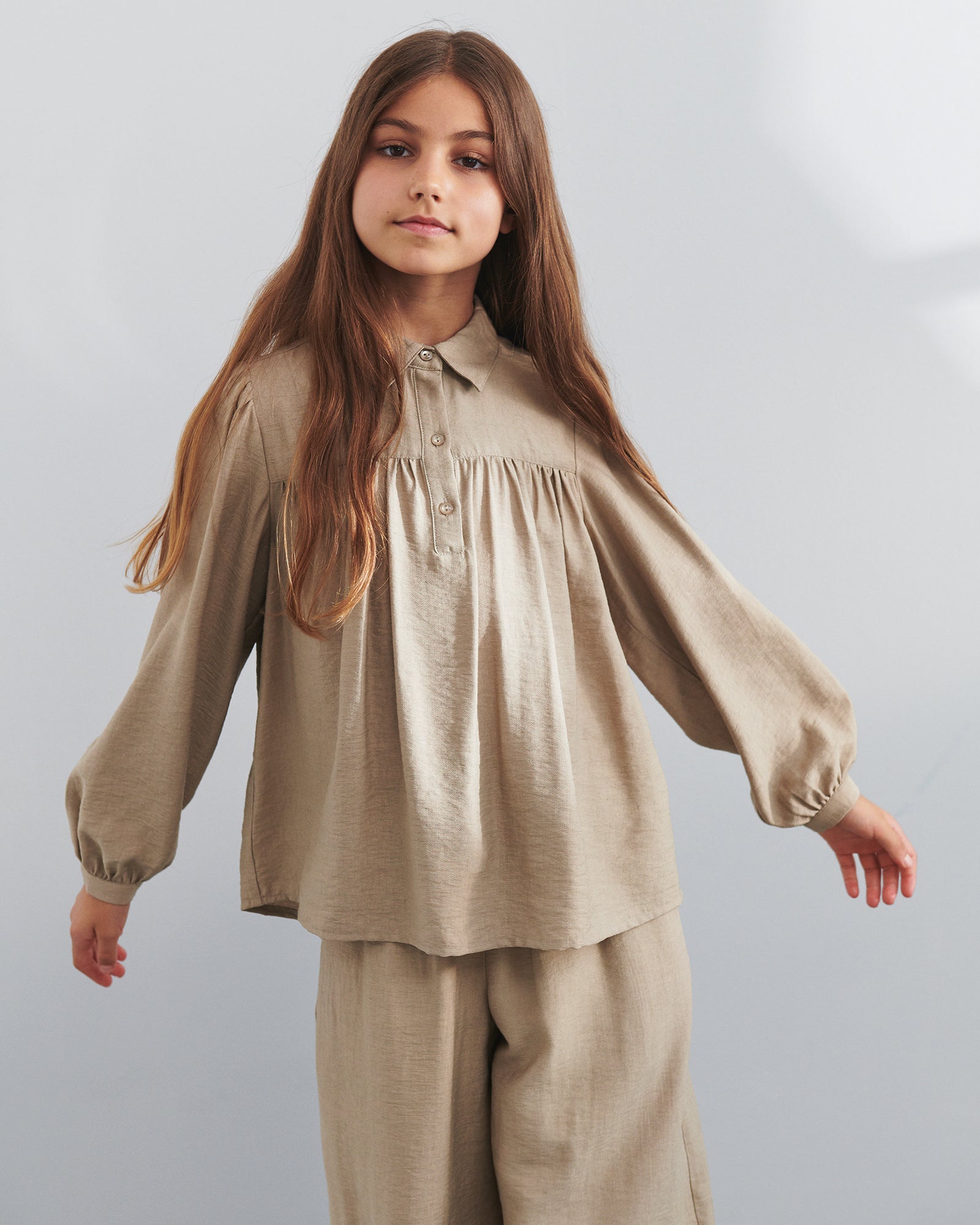 Blouse met overhemdkraag - Tweens - Dark Beige