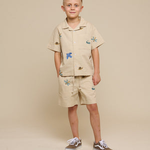 Geborduurd katoenen overhemd met korte mouwen - Tween - Light Beige | 101096 Erik