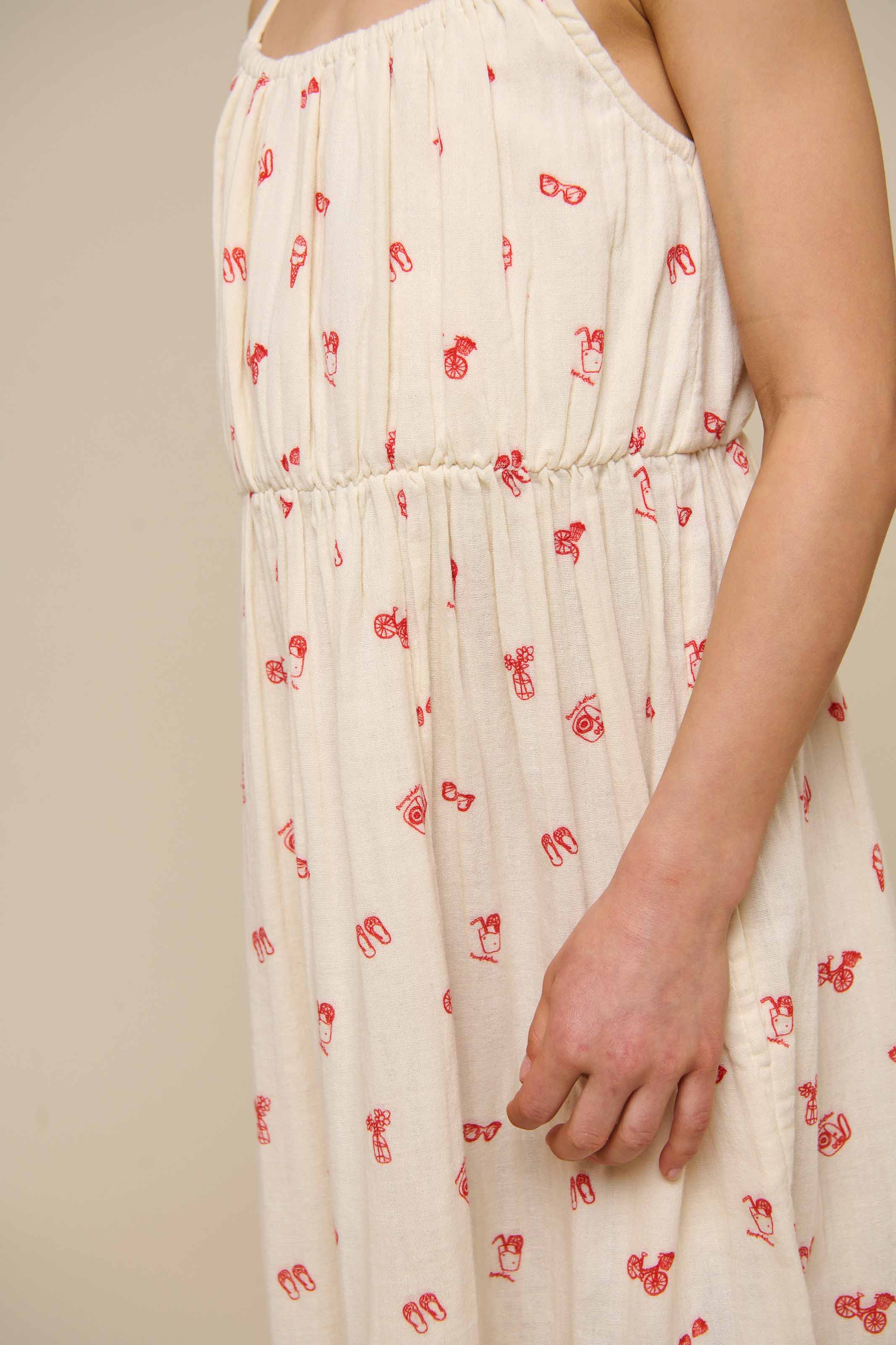 Bedrukte gaas midi bandjesjurk - Tween - Offwhite/Cherry Red | 100974 Fiona