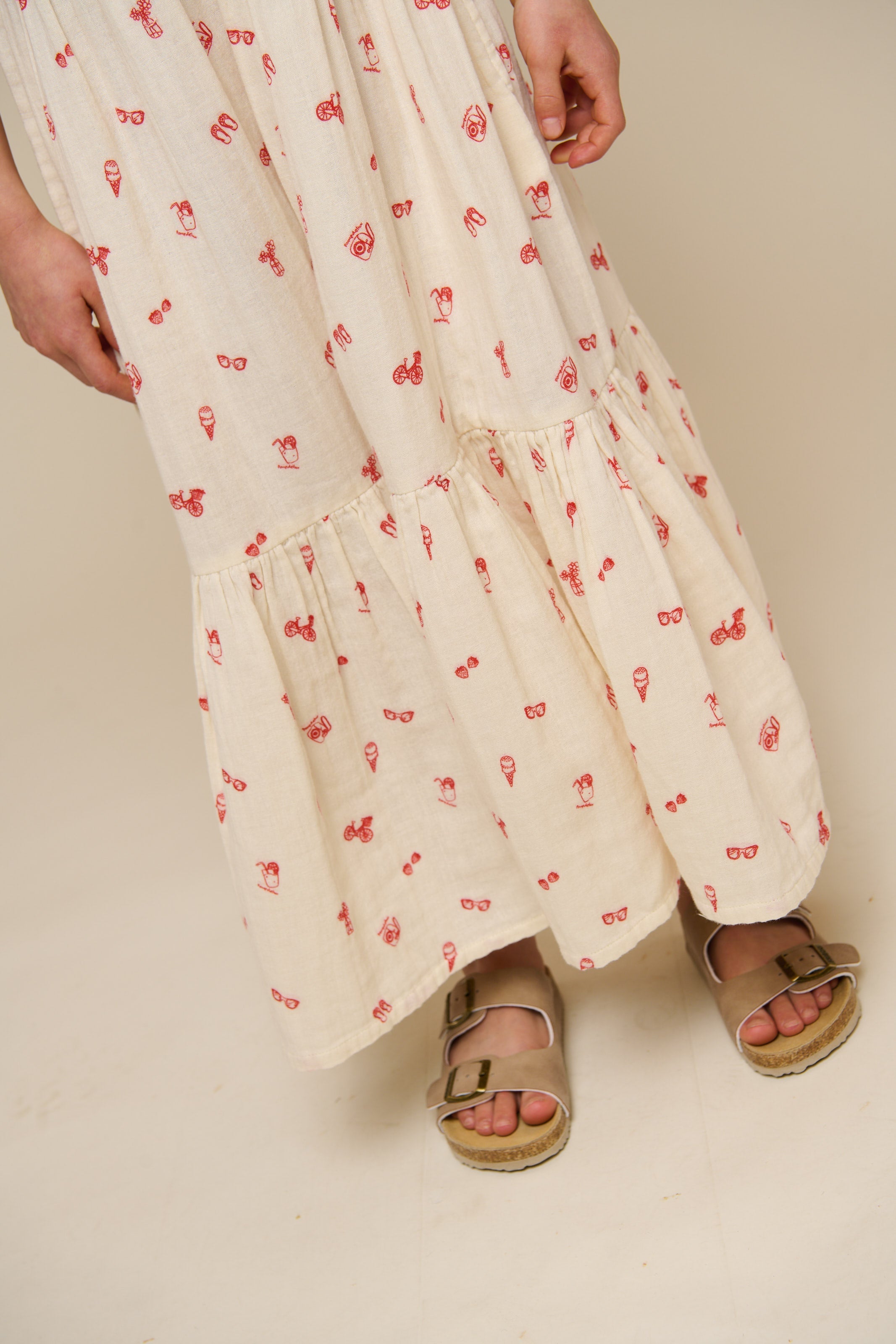 Bedrukte gaas midi bandjesjurk - Tween - Offwhite/Cherry Red | 100974 Fiona