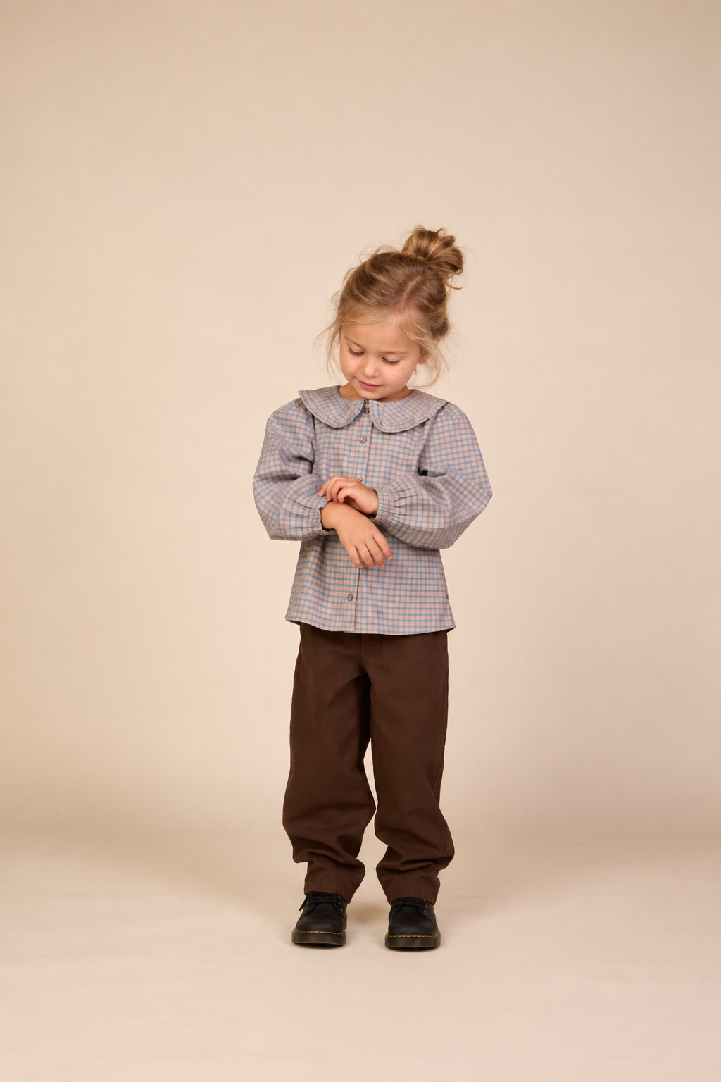 Poplin blouse met rucheskraag Kids - Blue Check | 101451 Julia