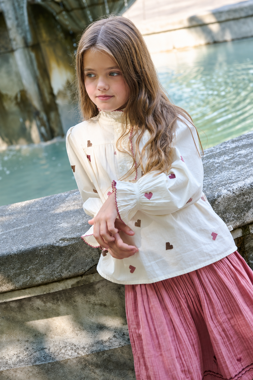 Double gauze rok met kruissteekborduursel Tween - Dusty Rose | 101470 Laureen