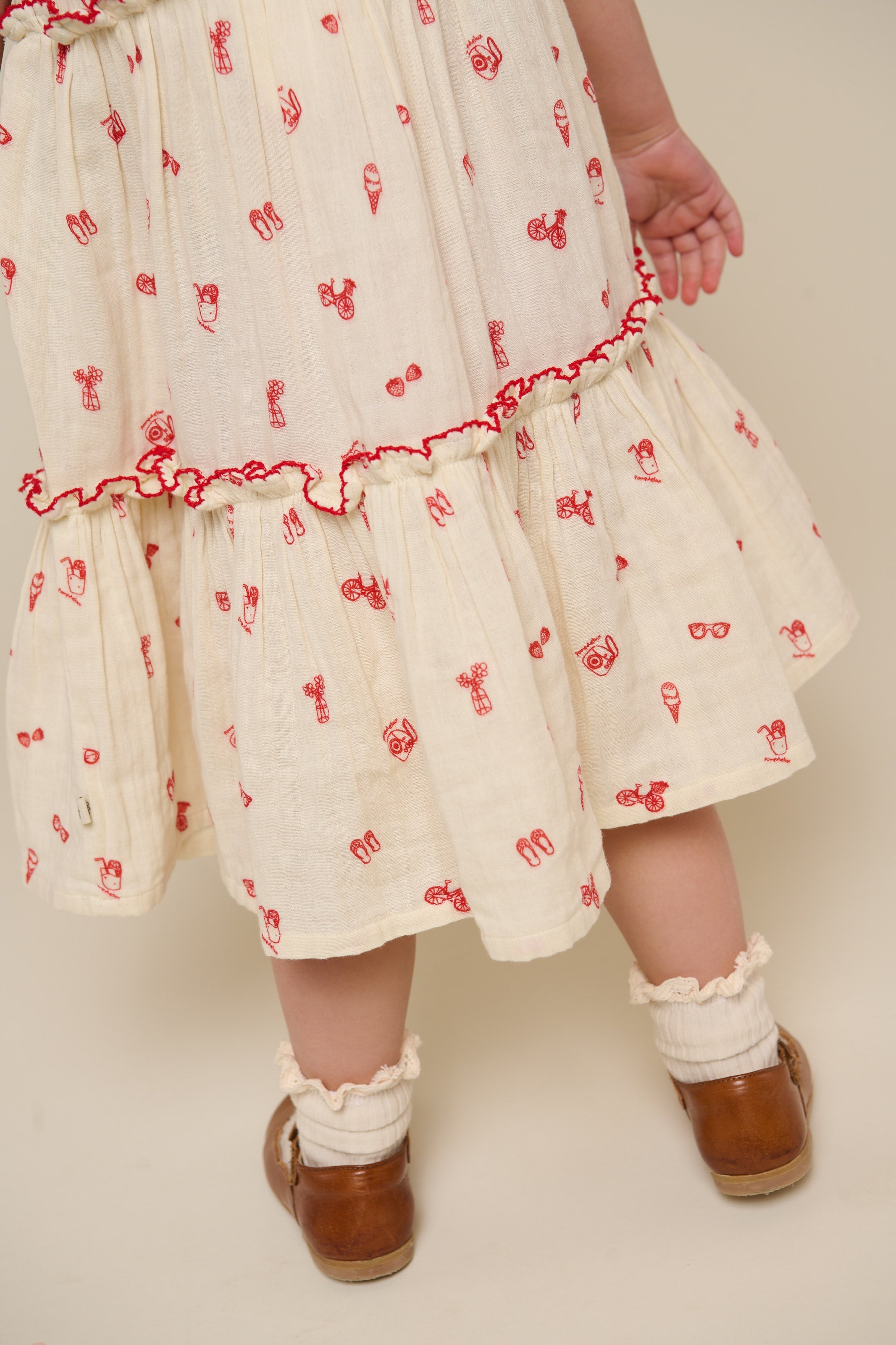 Bedrukte Gaasjurk met Kraag - Kids - Offwhite/Cherry Red | 100975 Fiona