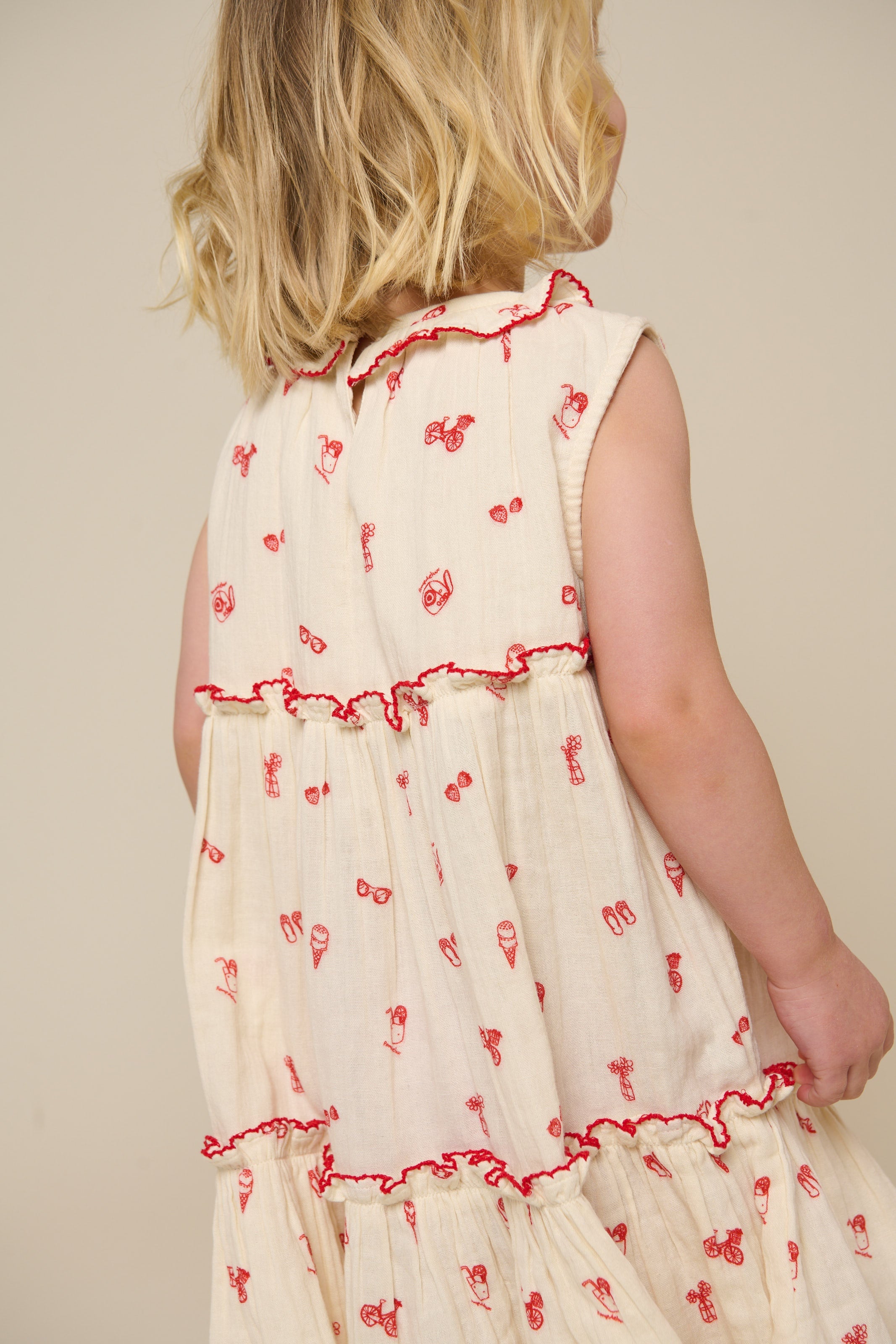Bedrukte Gaasjurk met Kraag - Kids - Offwhite/Cherry Red | 100975 Fiona