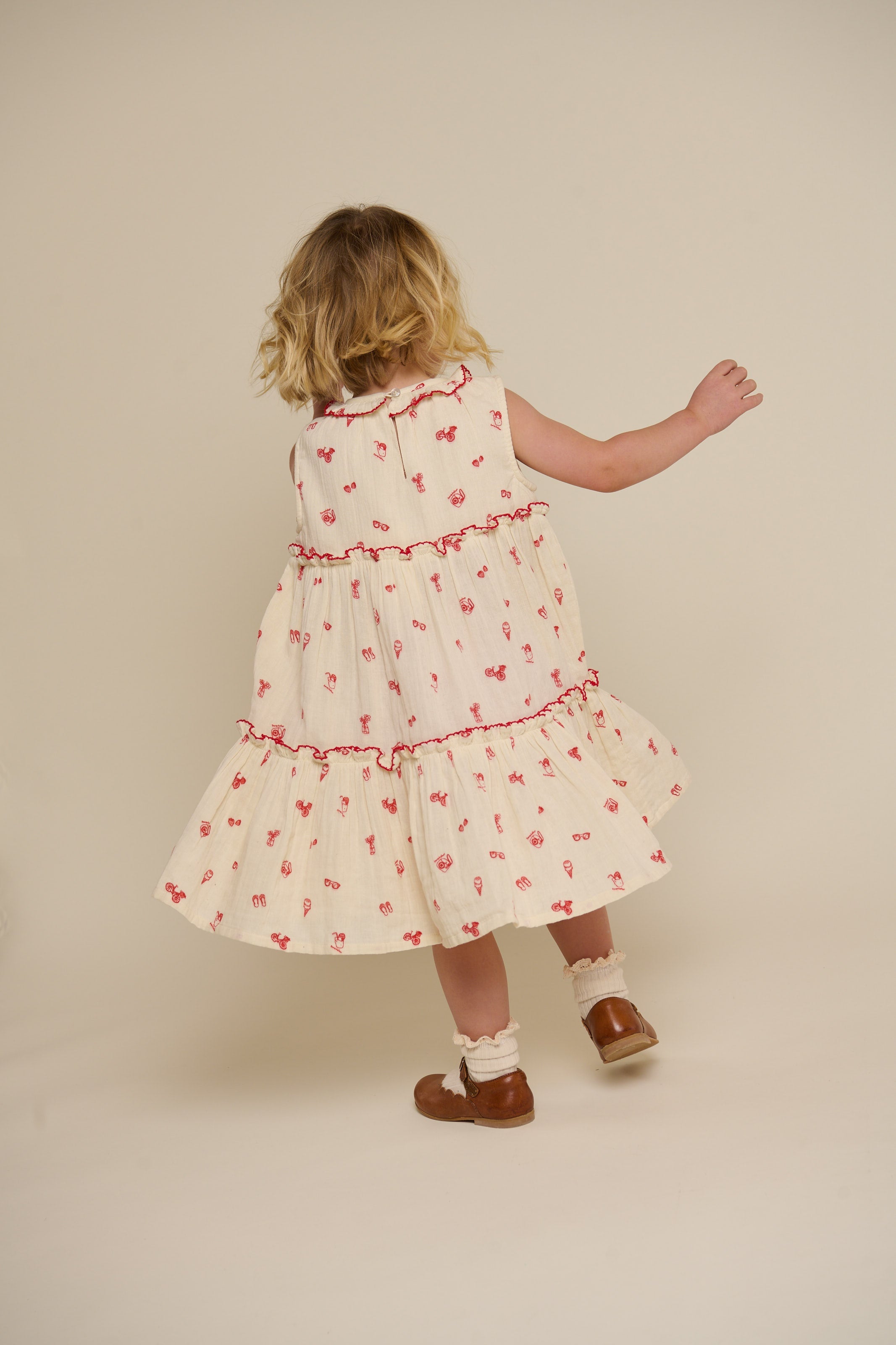 Bedrukte Gaasjurk met Kraag - Kids - Offwhite/Cherry Red | 100975 Fiona