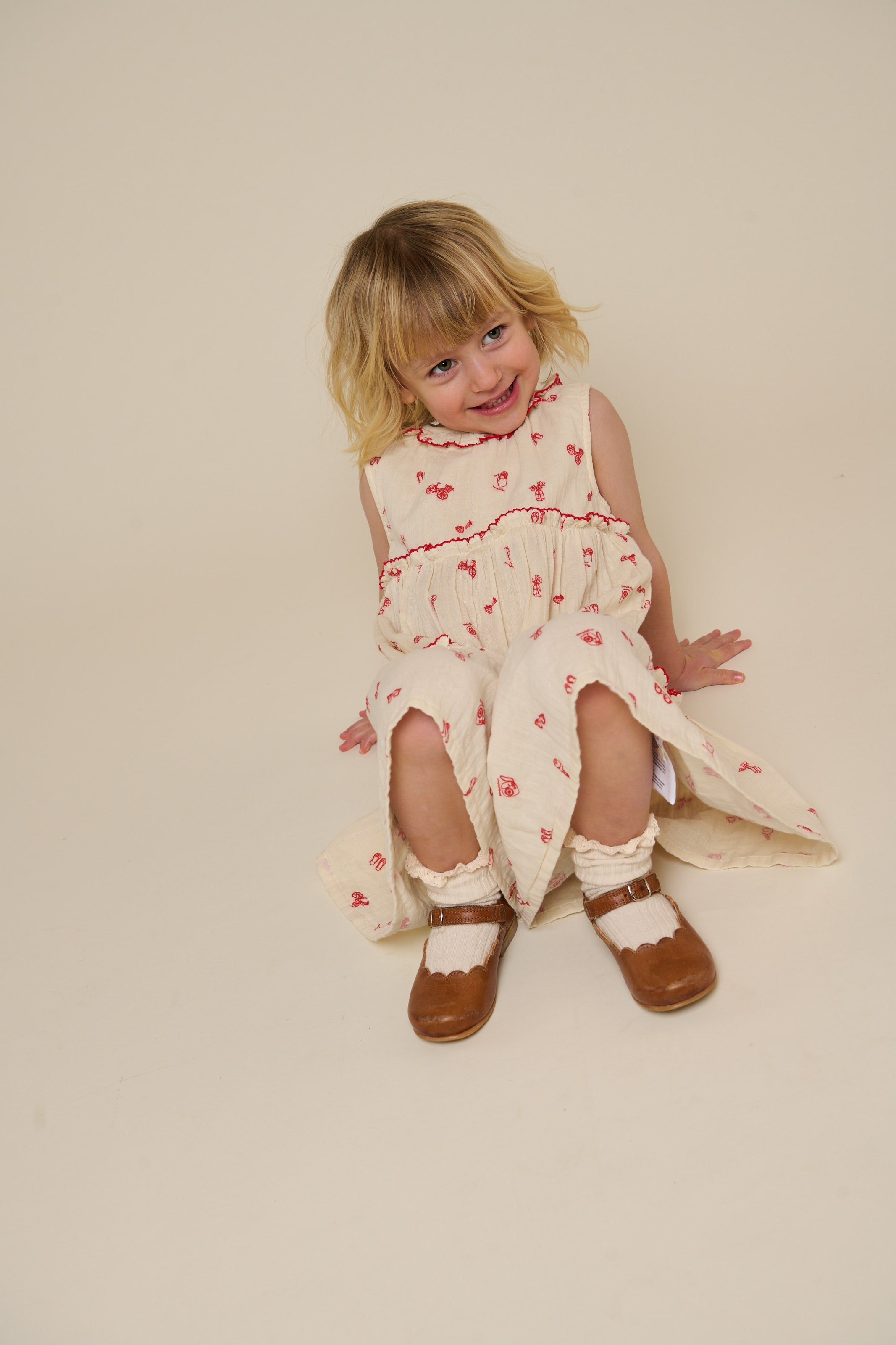 Bedrukte Gaasjurk met Kraag - Kids - Offwhite/Cherry Red | 100975 Fiona