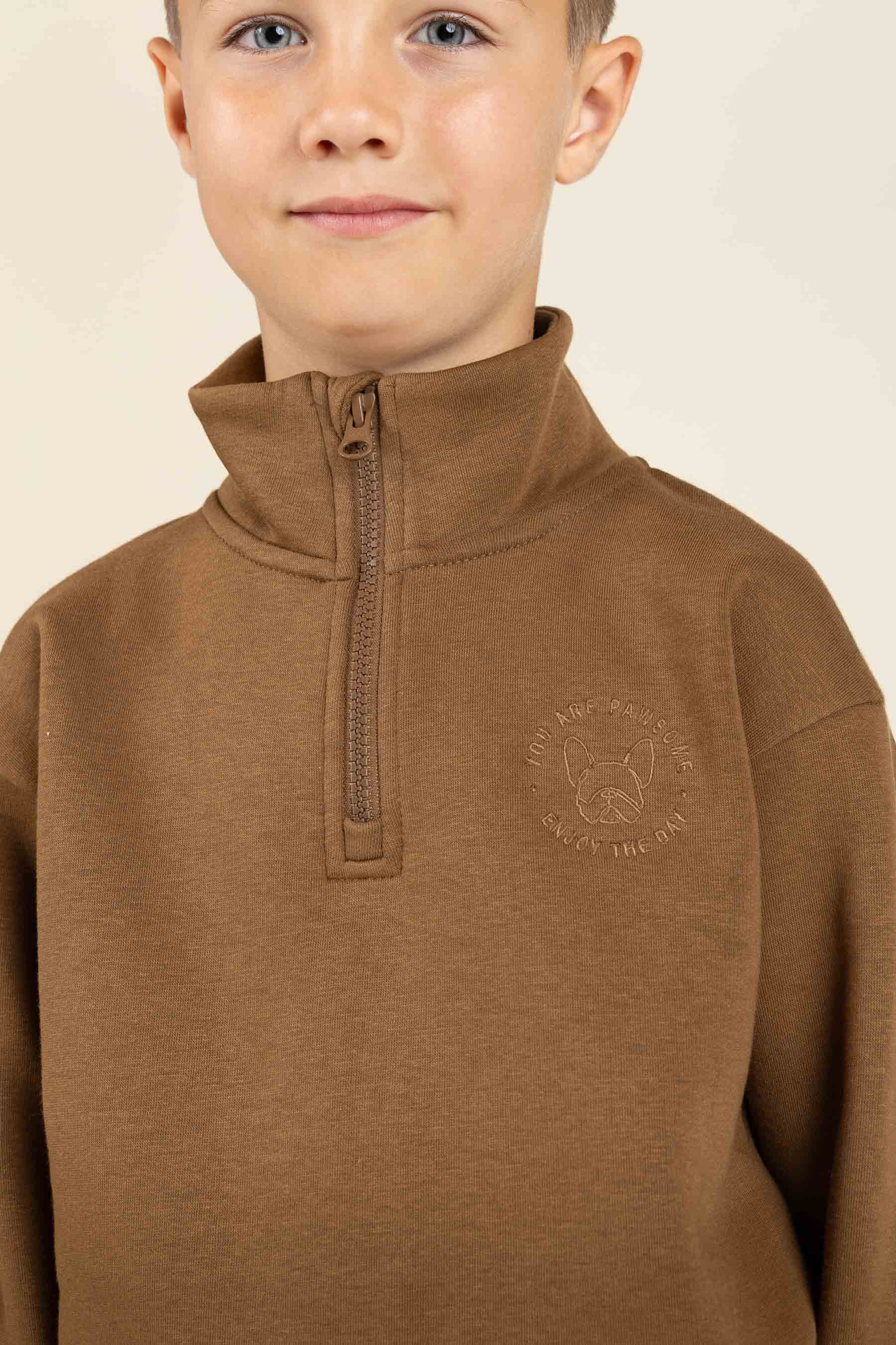 Sweatshirt met halve rits - Tween - Coffee | 100809 Tristan