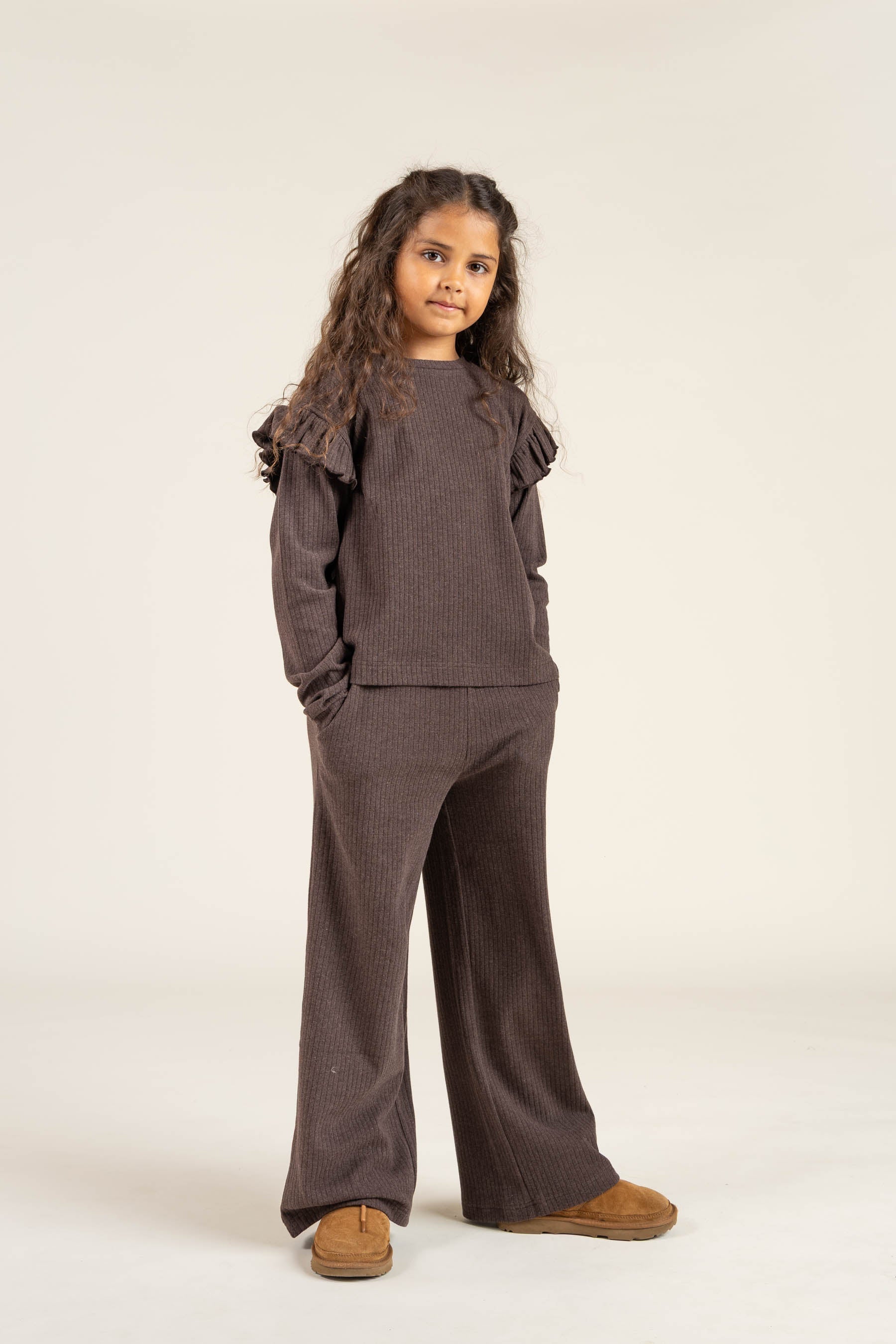 Zachte rib broek met wijde pijpen - Tween - Chocolate Melange | 100701 Alana