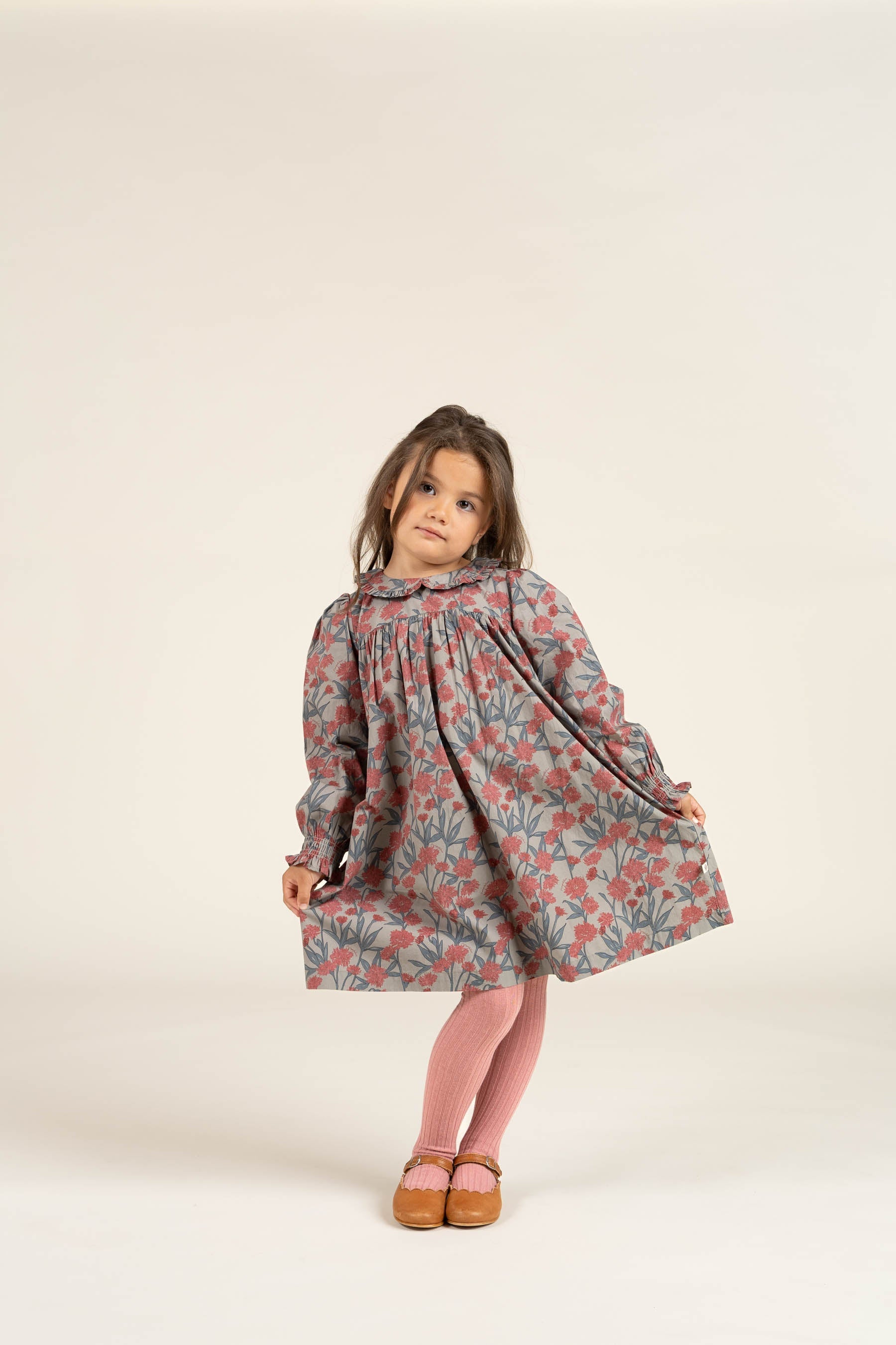 Bedrukte katoenen popeline jurk - Kids - Rose / Green | 100722 Amy