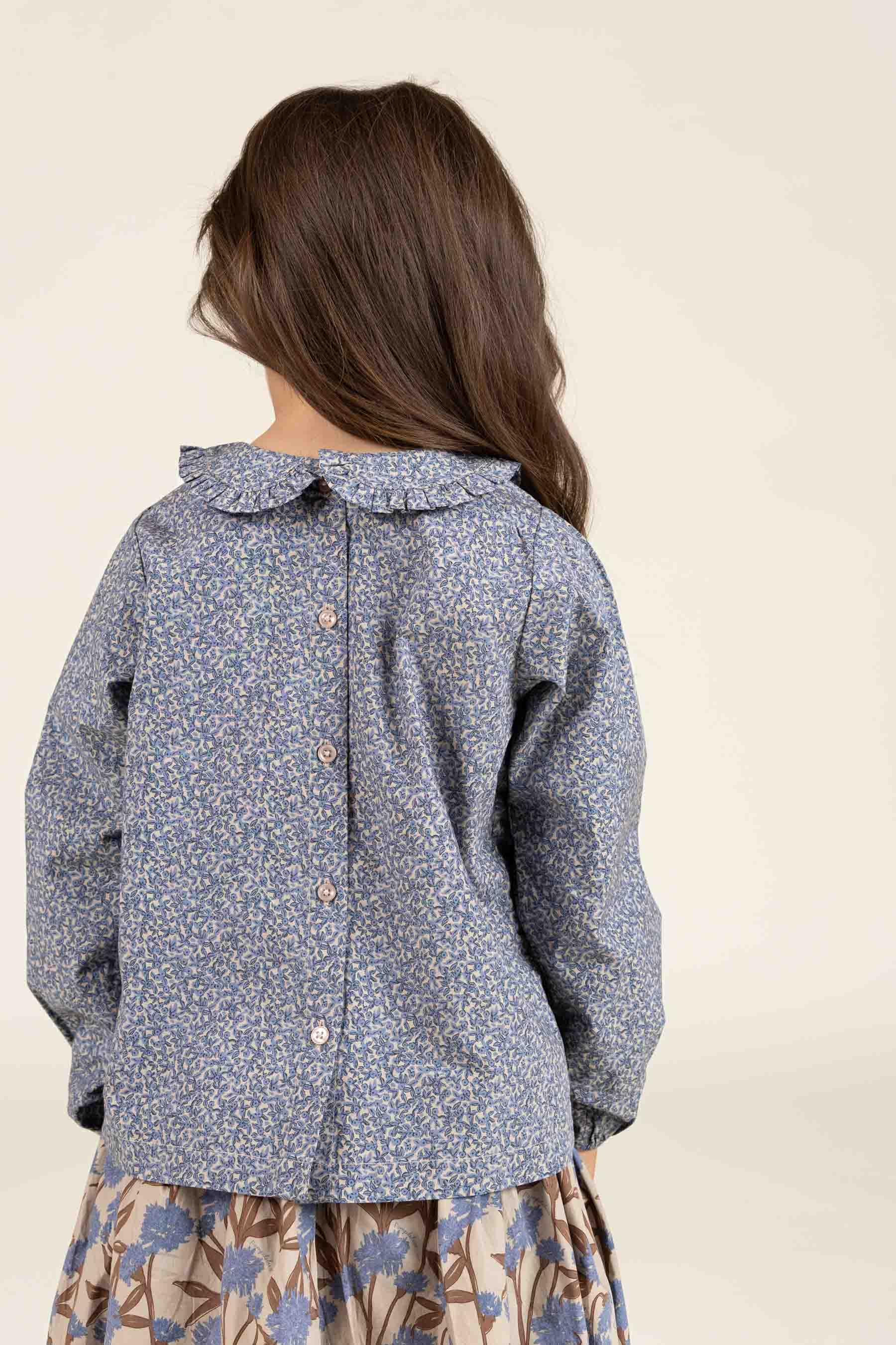 Bedrukte katoenen popeline blouse met kraag - Kids - Blue | 100798 Allie
