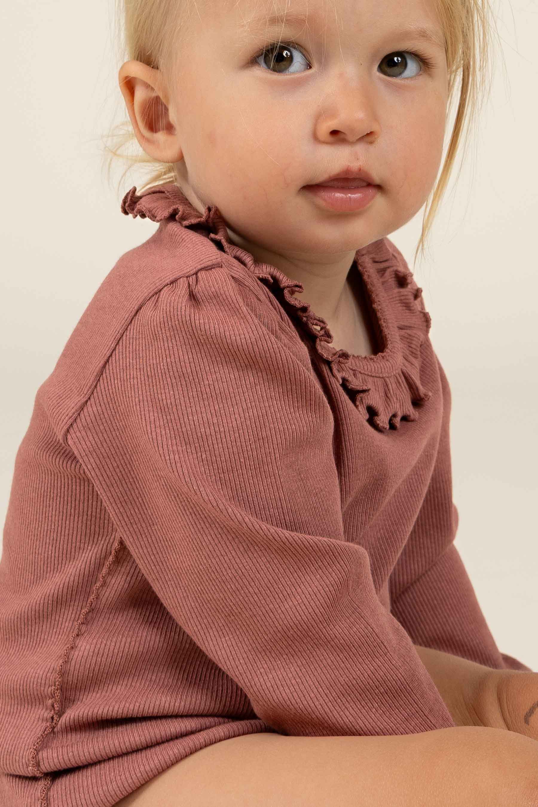 Modal Rib Bodysuit met lange mouwen en Picot-randje - Kids - Old Rose | 100575 Mia