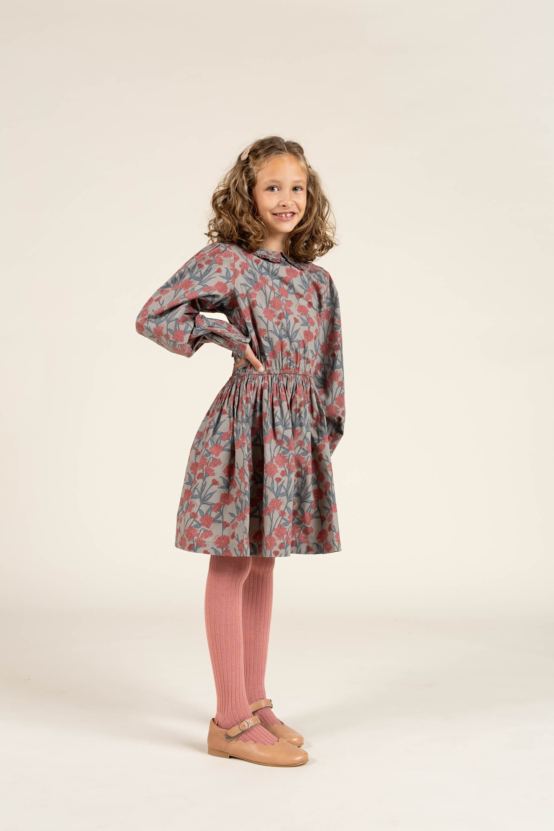 Bedrukte katoenen popeline jurk met elastiek in de taille - Tween - Rose / Green | 100720 Amy