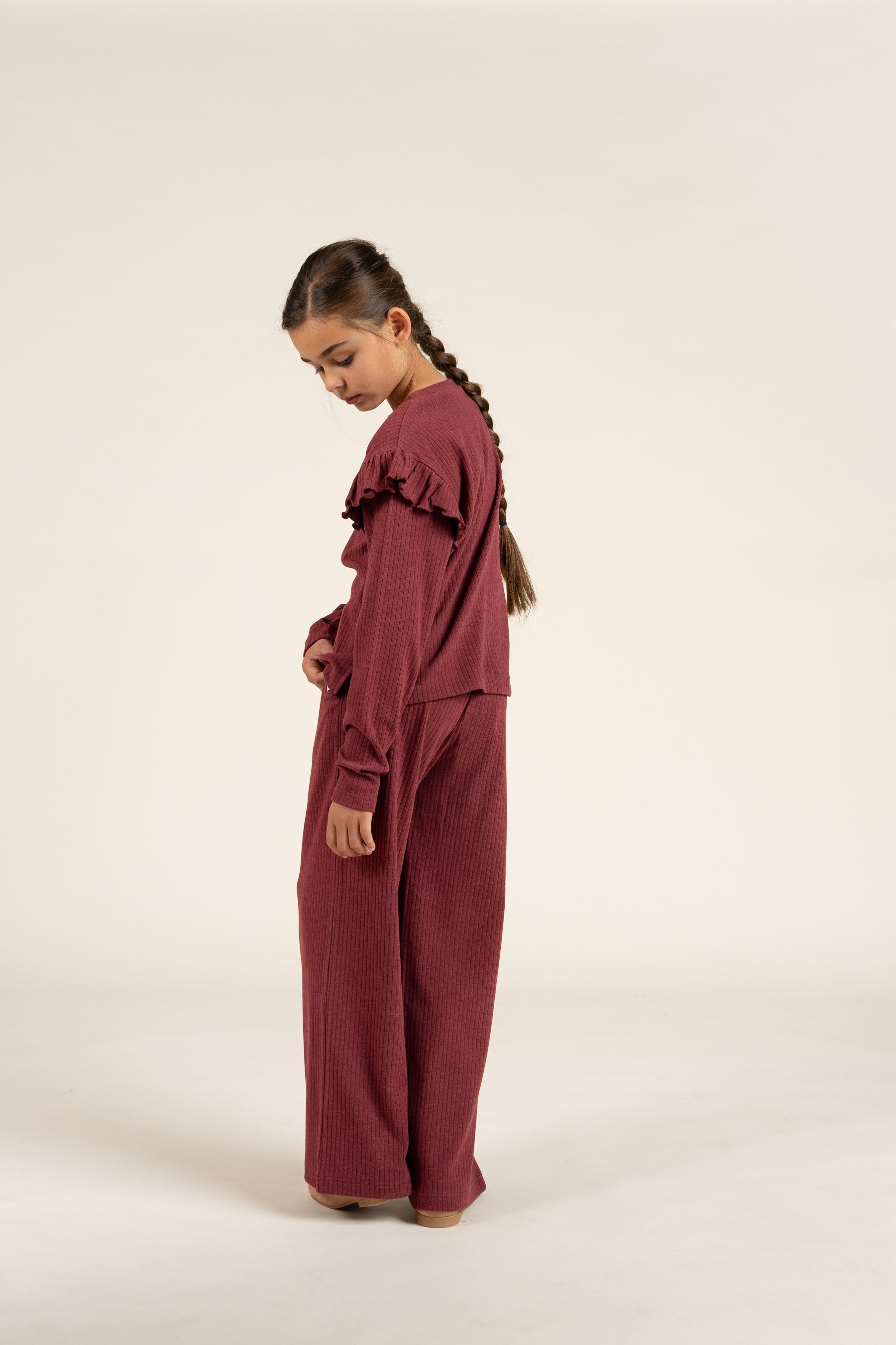 Zachte rib broek met wijde pijpen - Tween - Burgundy Melange | 100702 Alana