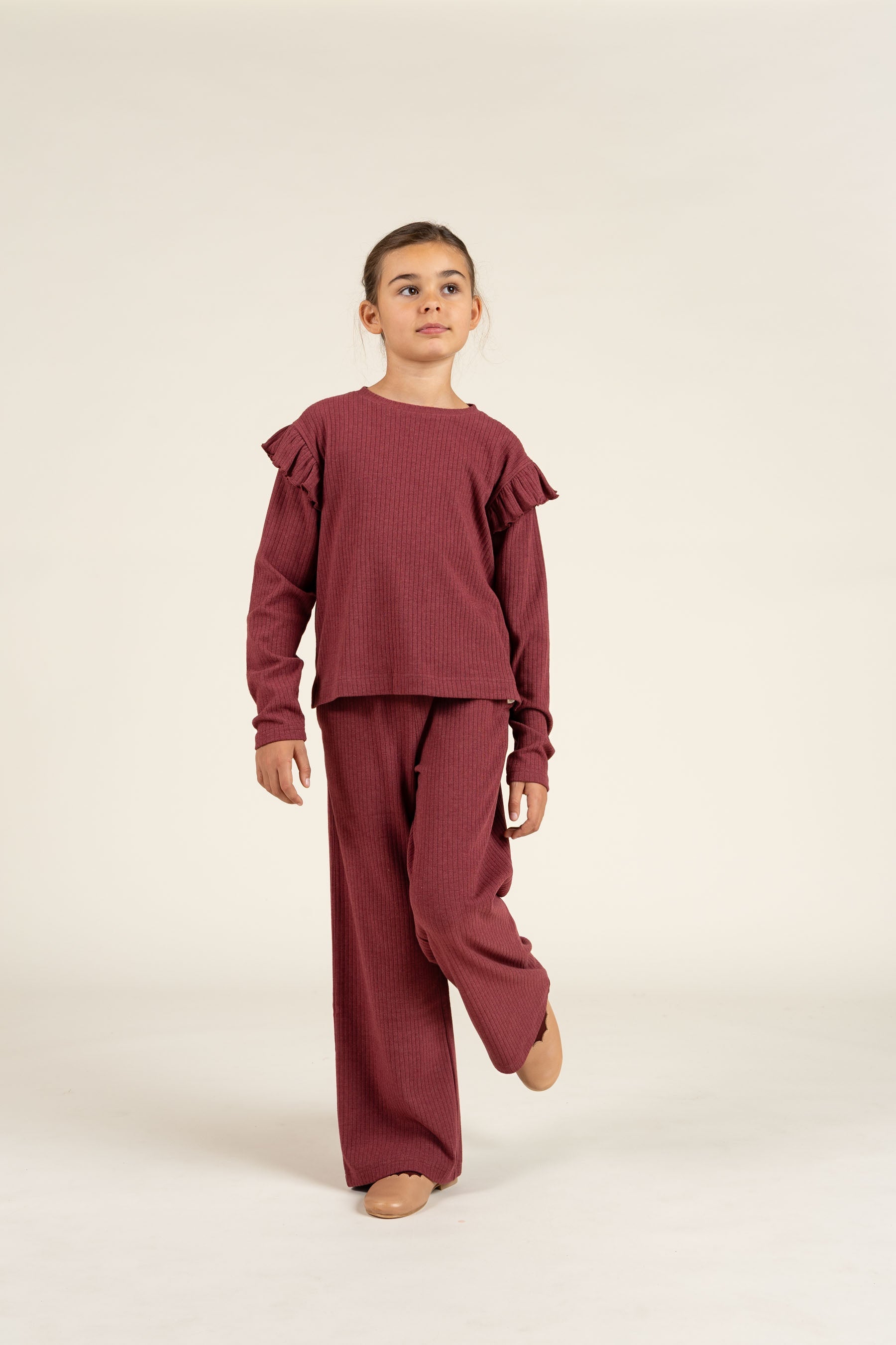 Zachte rib broek met wijde pijpen - Tween - Burgundy Melange | 100702 Alana