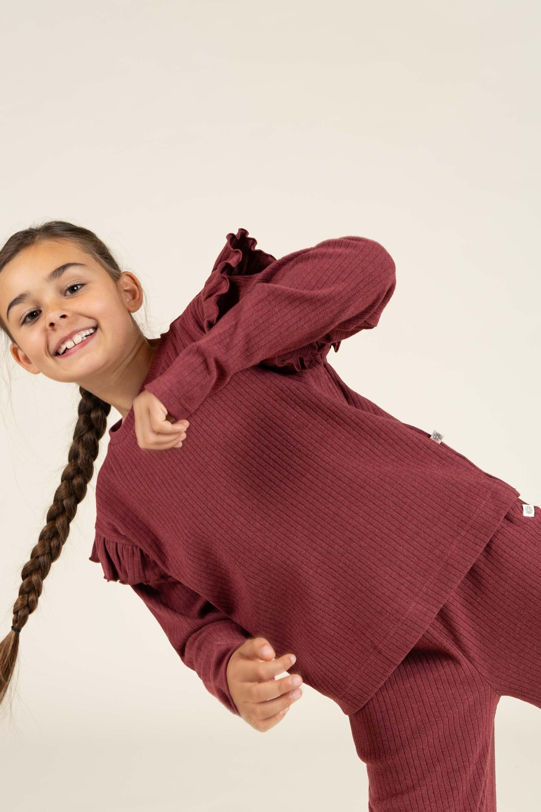 Zachte rib broek met wijde pijpen - Tween - Burgundy Melange | 100702 Alana