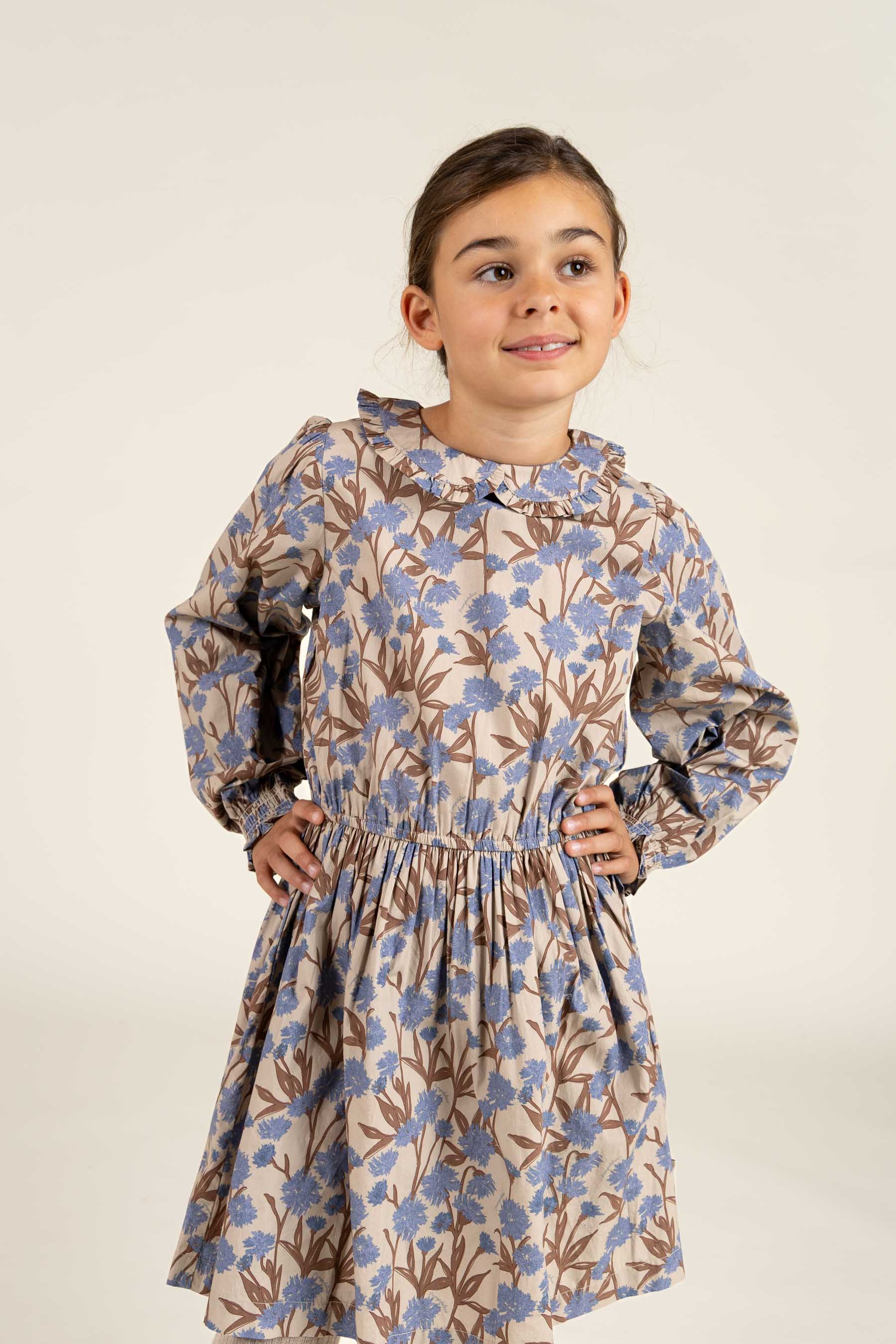 Bedrukte katoenen popeline jurk met elastiek in de taille - Tween - Blue / Brown | 100719 Amy
