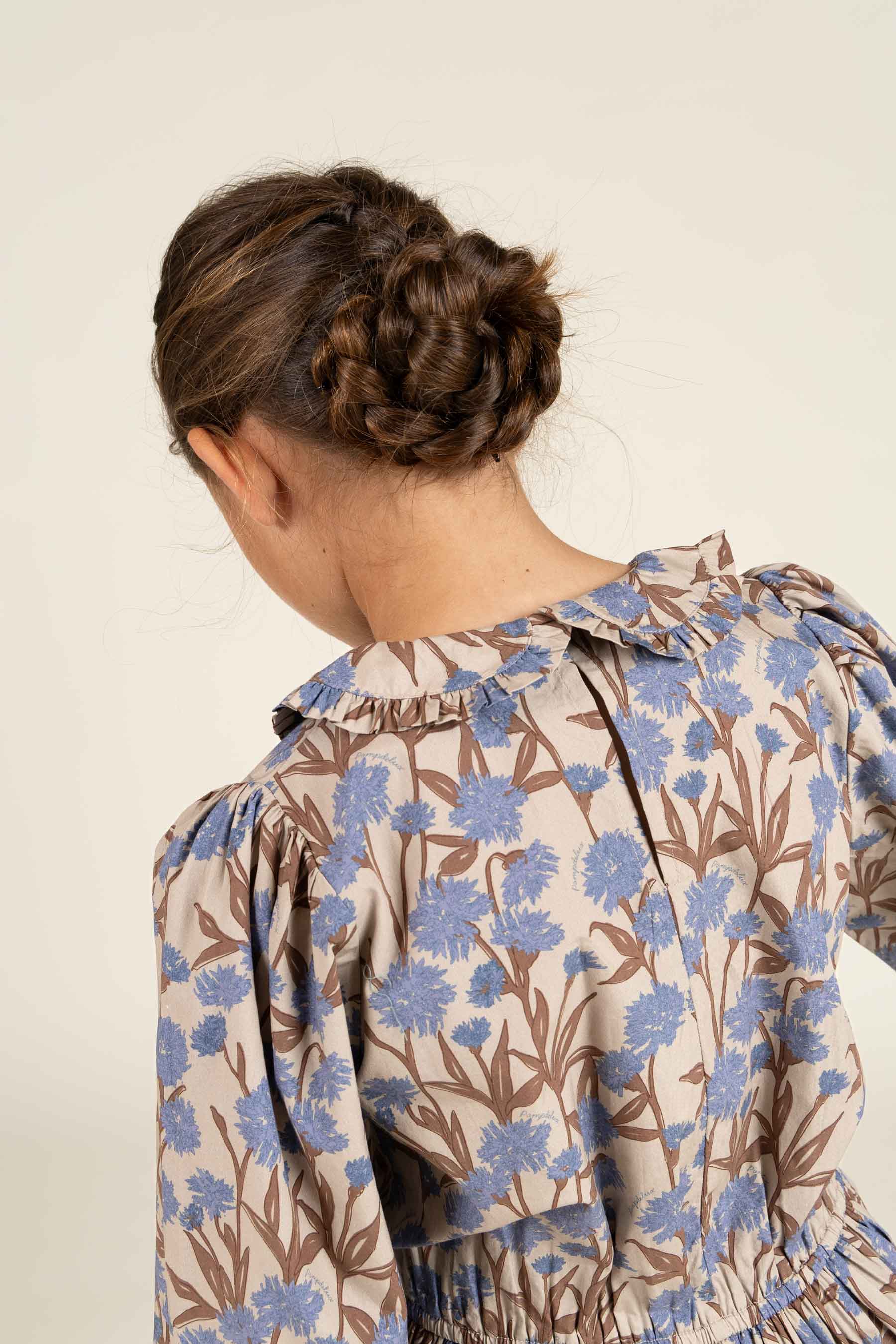 Bedrukte katoenen popeline jurk met elastiek in de taille - Tween - Blue / Brown | 100719 Amy