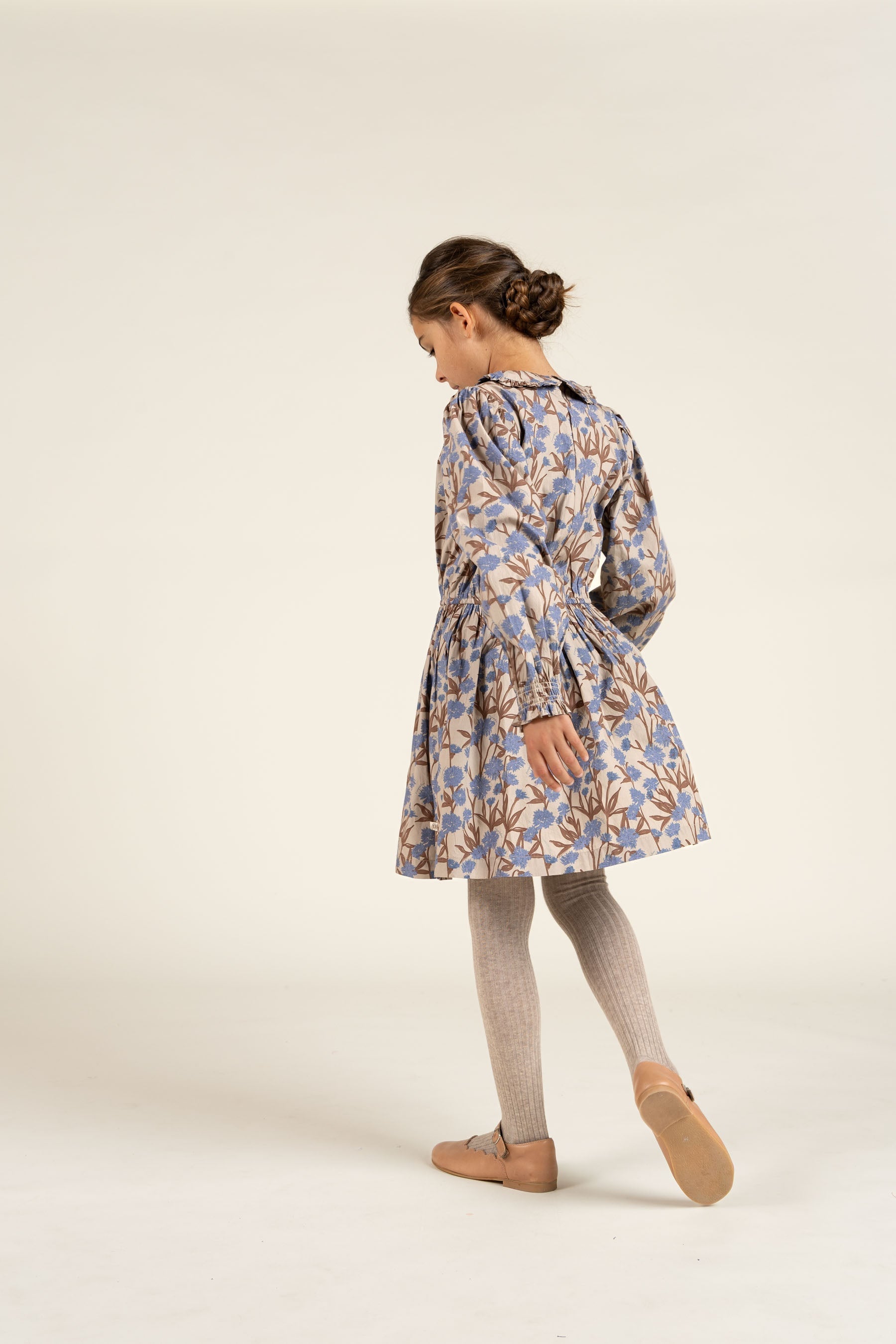 Bedrukte katoenen popeline jurk met elastiek in de taille - Tween - Blue / Brown | 100719 Amy