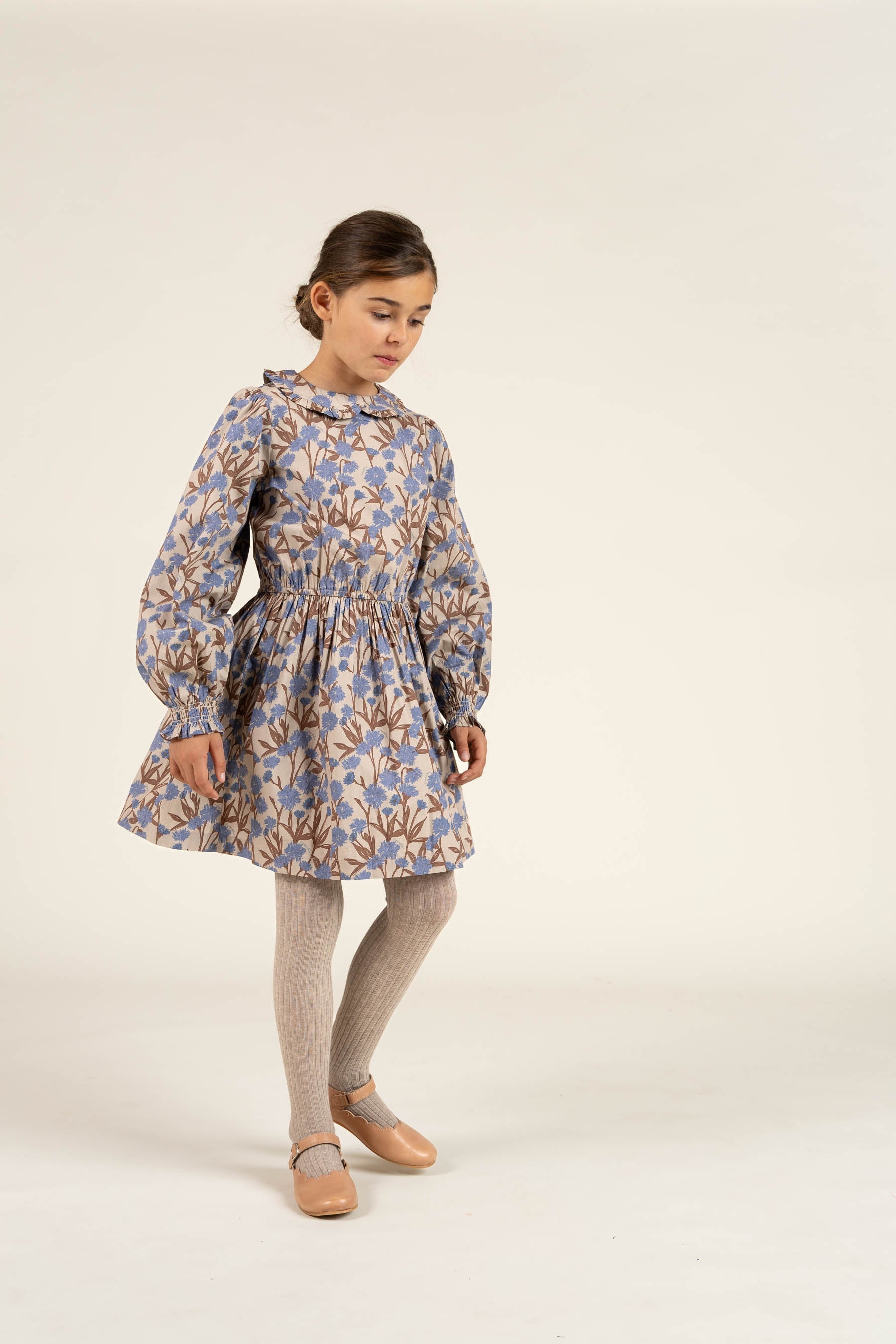 Bedrukte katoenen popeline jurk met elastiek in de taille - Tween - Blue / Brown | 100719 Amy