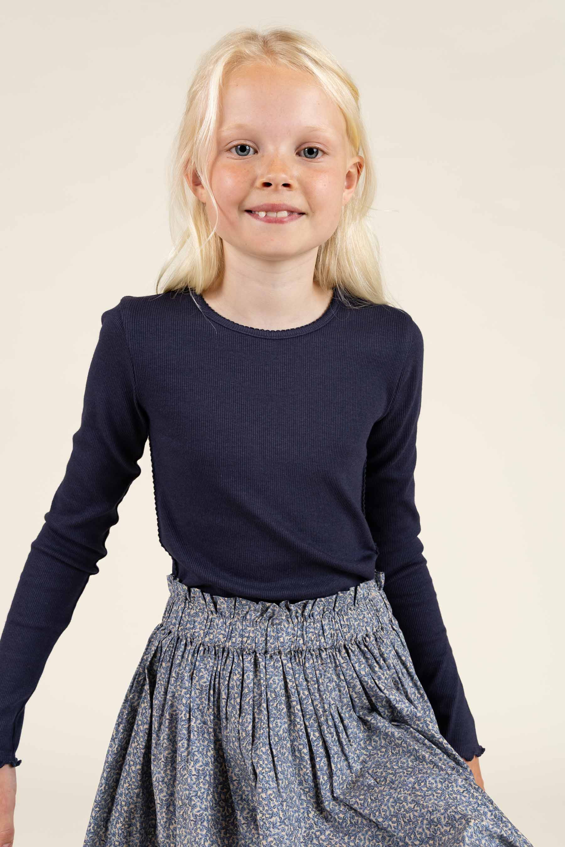Modal Rib T-shirt met lange mouwen en Picot-randje - Tween - Navy | 100581 Mia