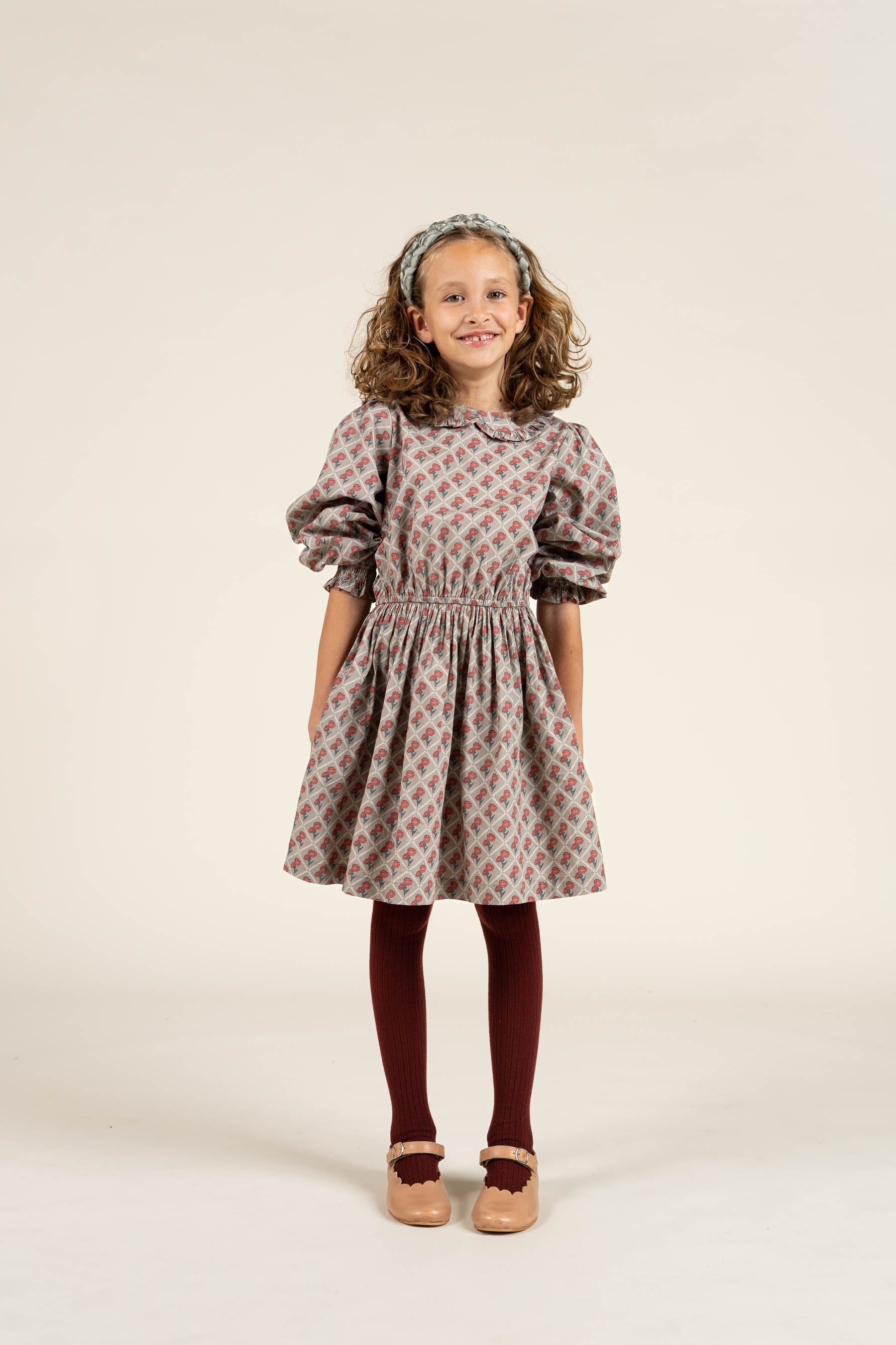Bedrukte katoenen popeline jurk met elastiek in de taille - Tween - Green w. Vintage Red | 100800 Amine