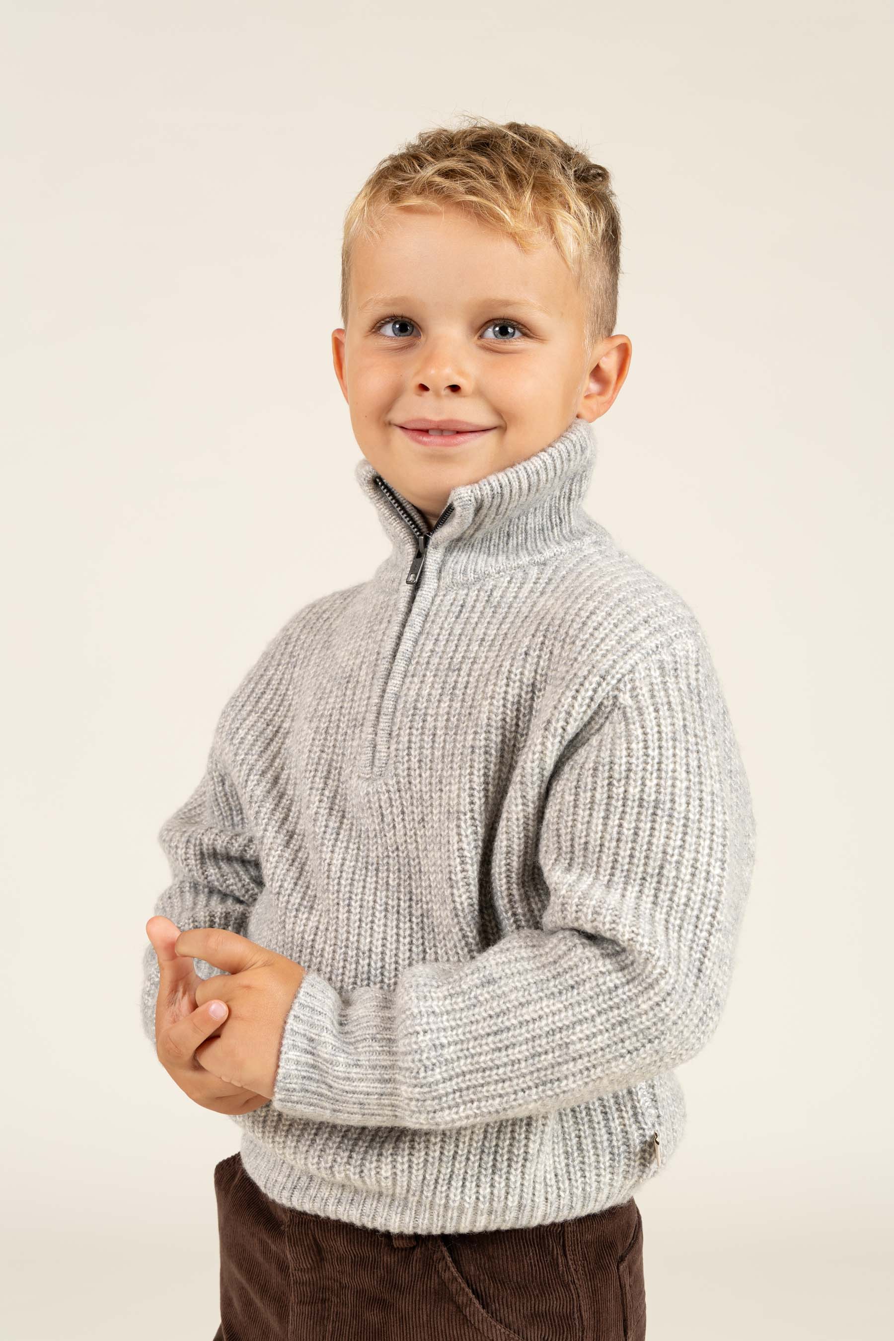 Trui van wolmix met halve rits - Kids - Grey Melange | 100752 Adam