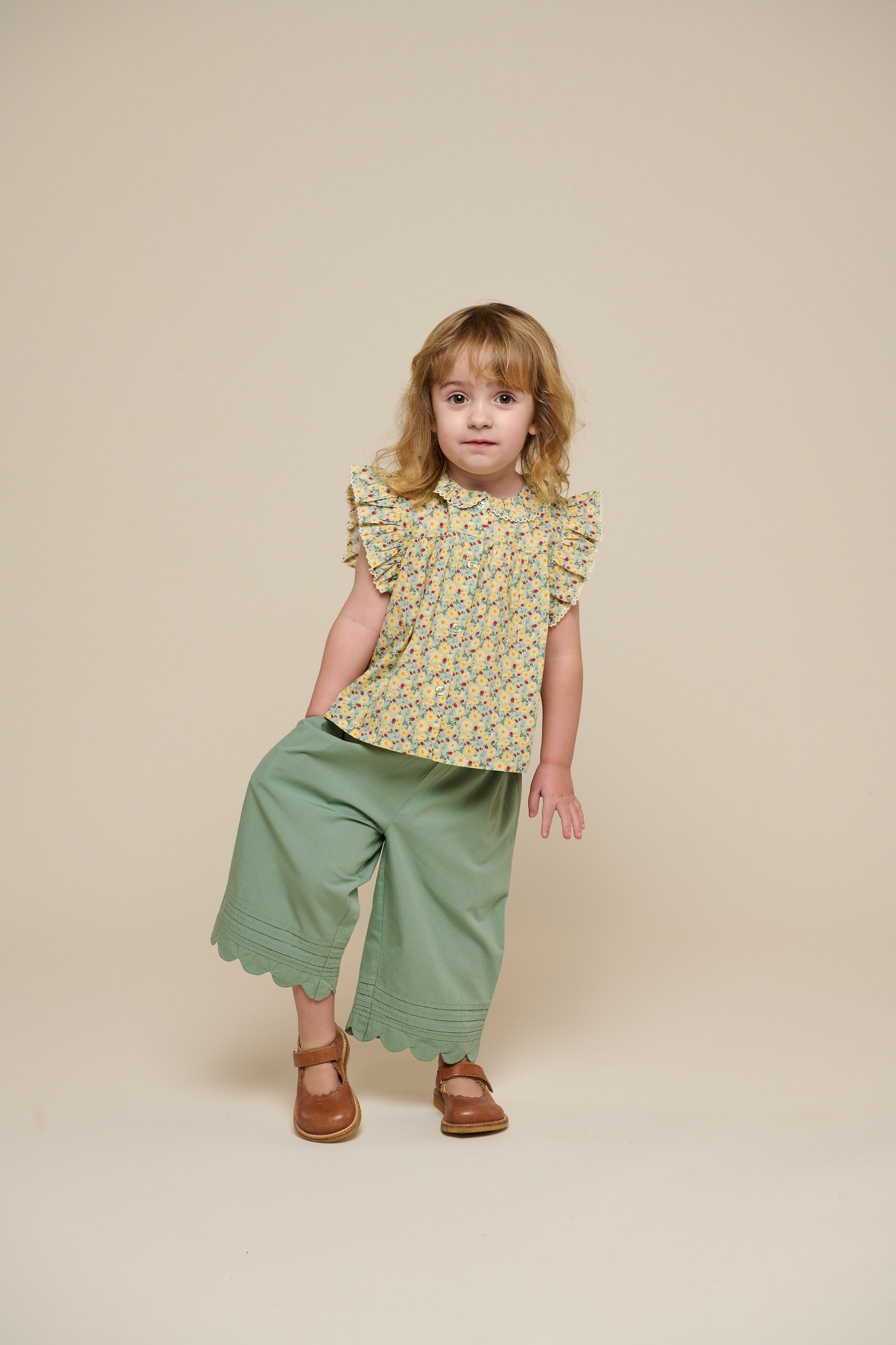Poplin Top met Bloemenprint en Ruche - Kids - Green | 100950 Poppy