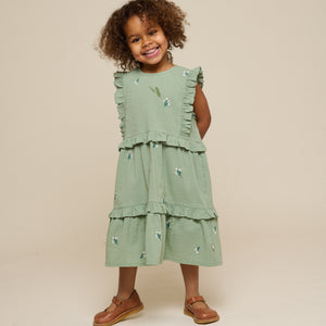 Geborduurde Seersucker Jurk - Kids - Dusty Green | 100976 Nora