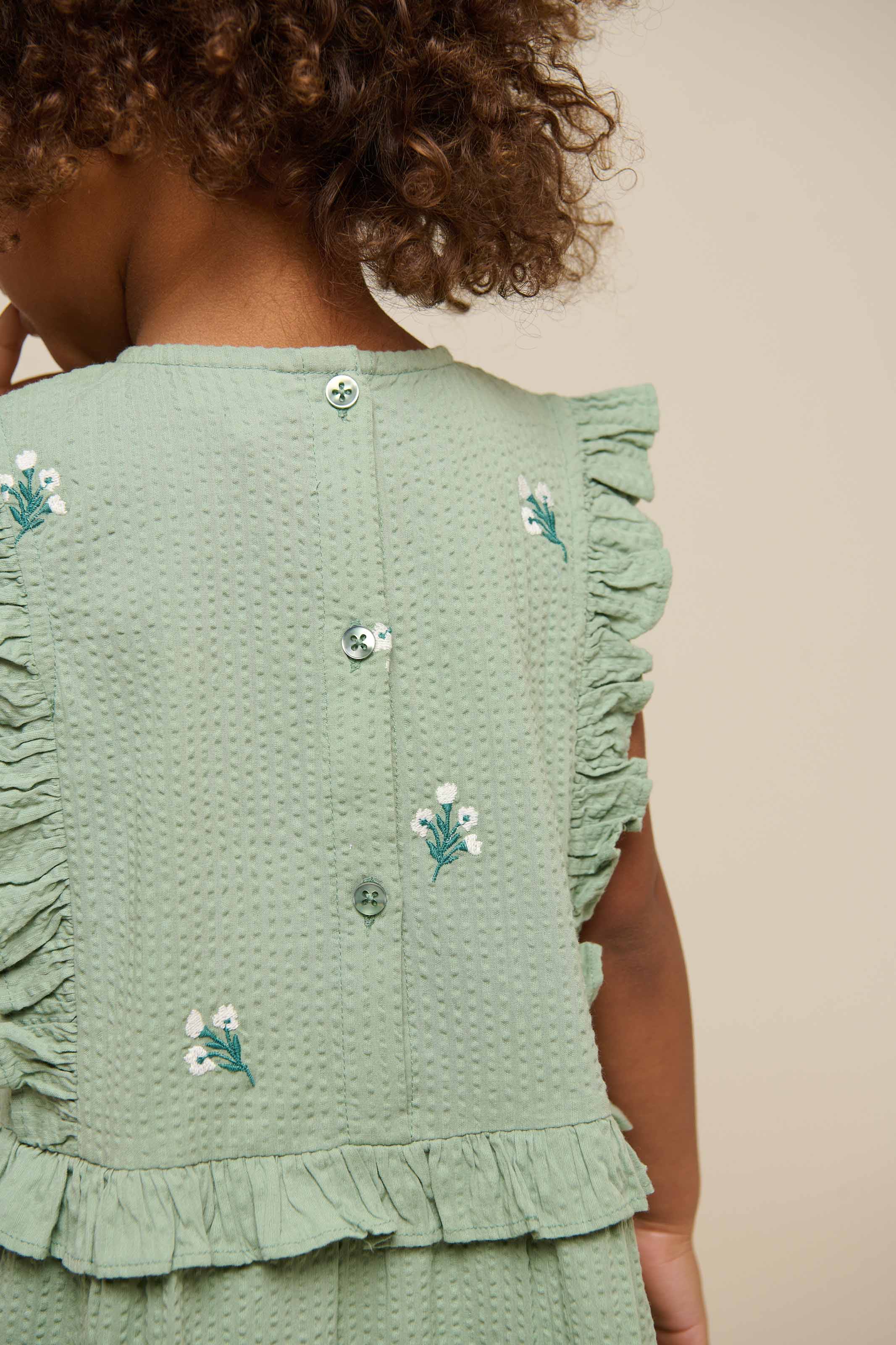 Geborduurde Seersucker Jurk - Kids - Dusty Green | 100976 Nora