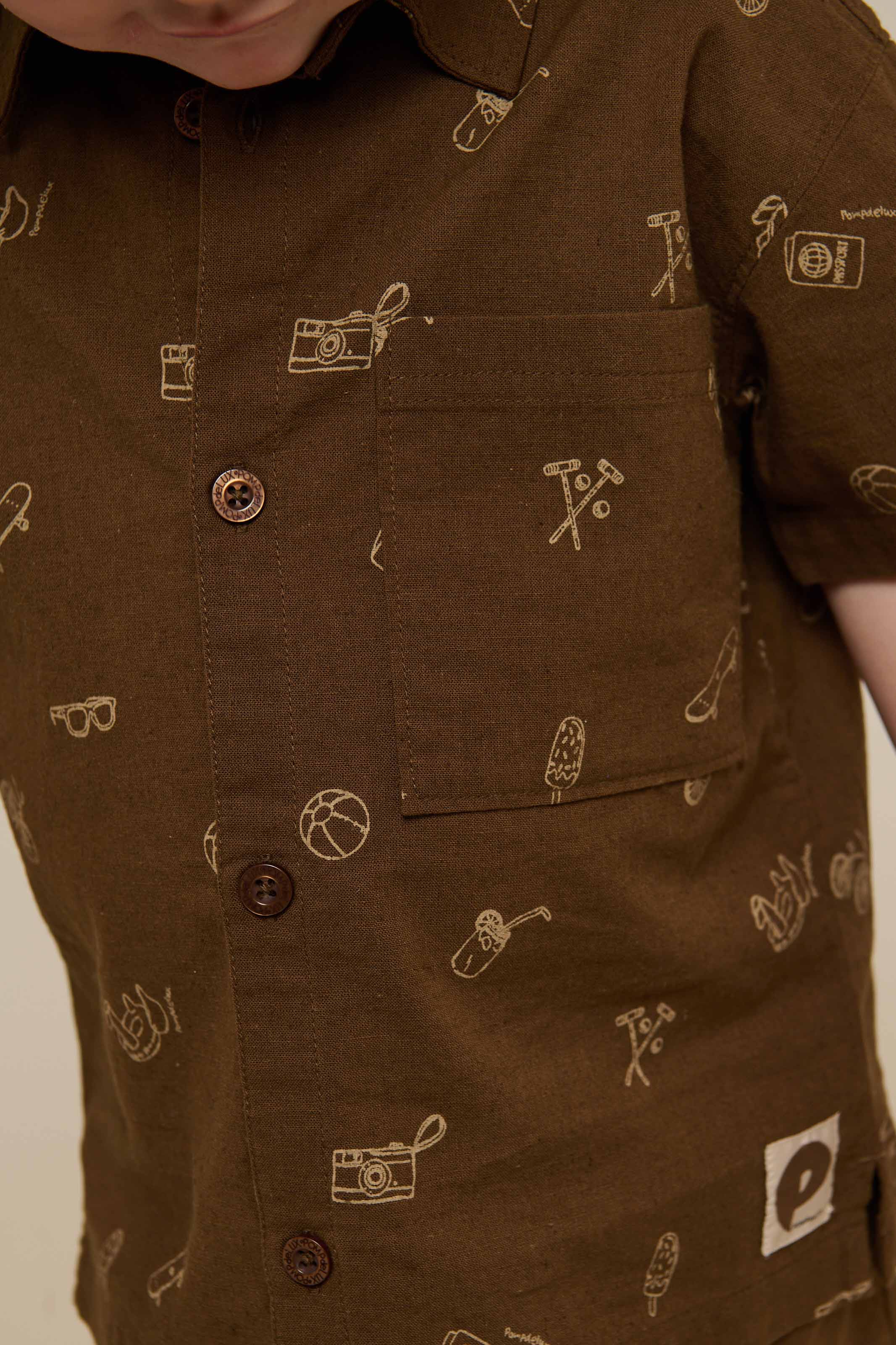 Bedrukt linnenmix overhemd - Kids - Dark Brown | 101167 William