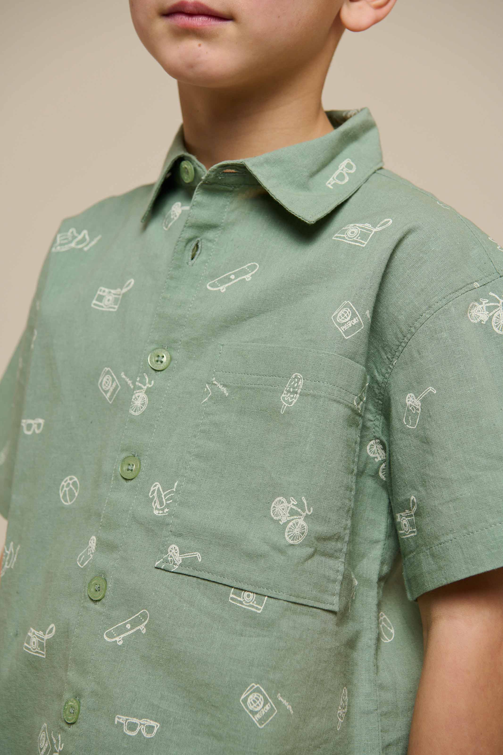 Overhemd van linnenmix met print - Tween - Dusty Green | 101166 William