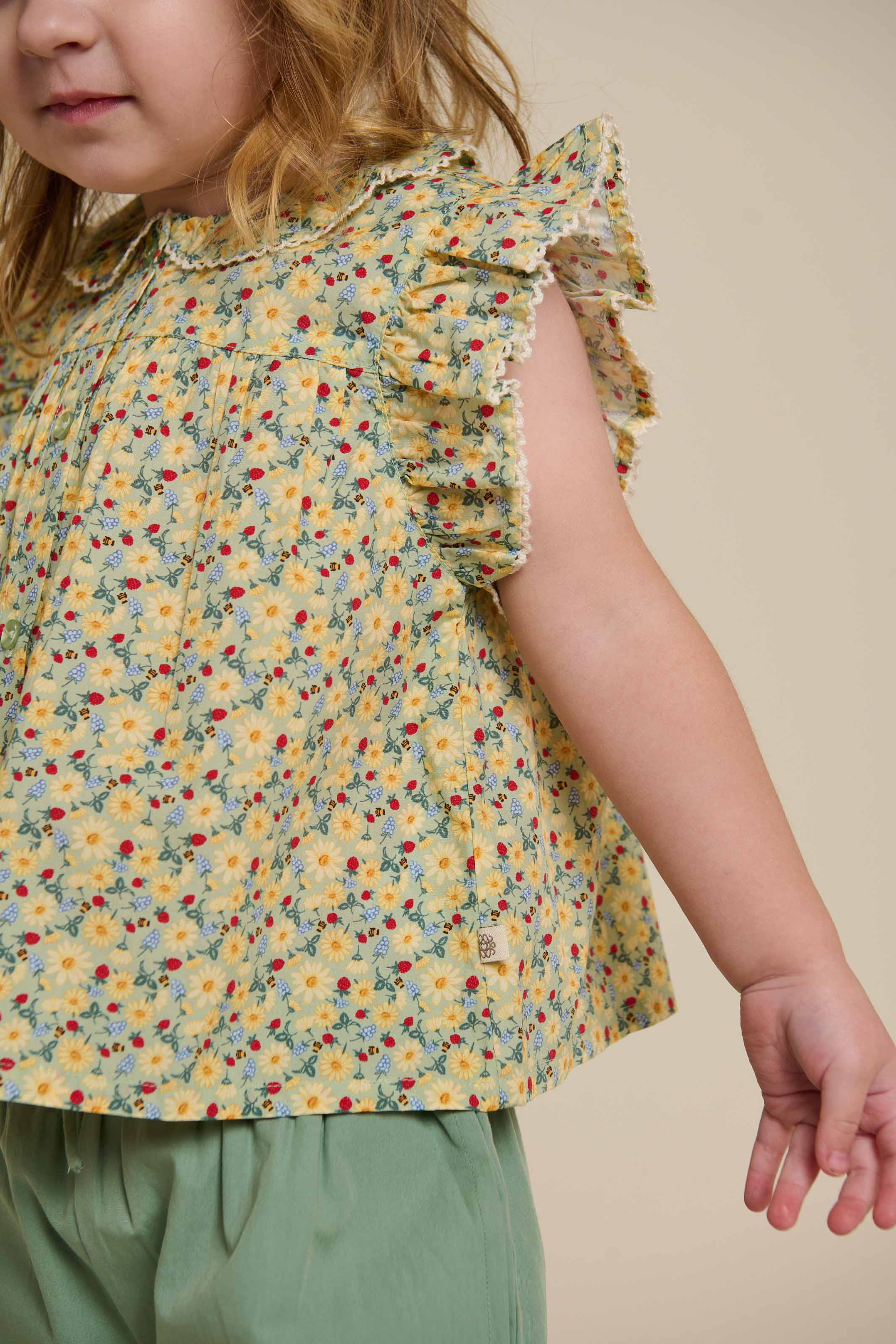 Poplin Top met Bloemenprint en Ruche - Kids - Green | 100950 Poppy
