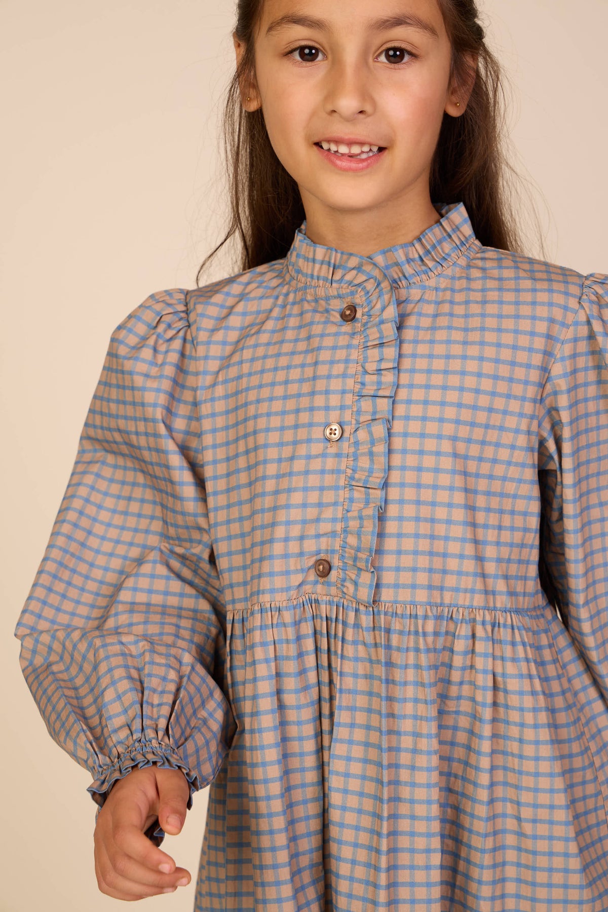 Poplin jurk met ruches langs de knopenlijst Tween - Blue Check | 101438 Julia