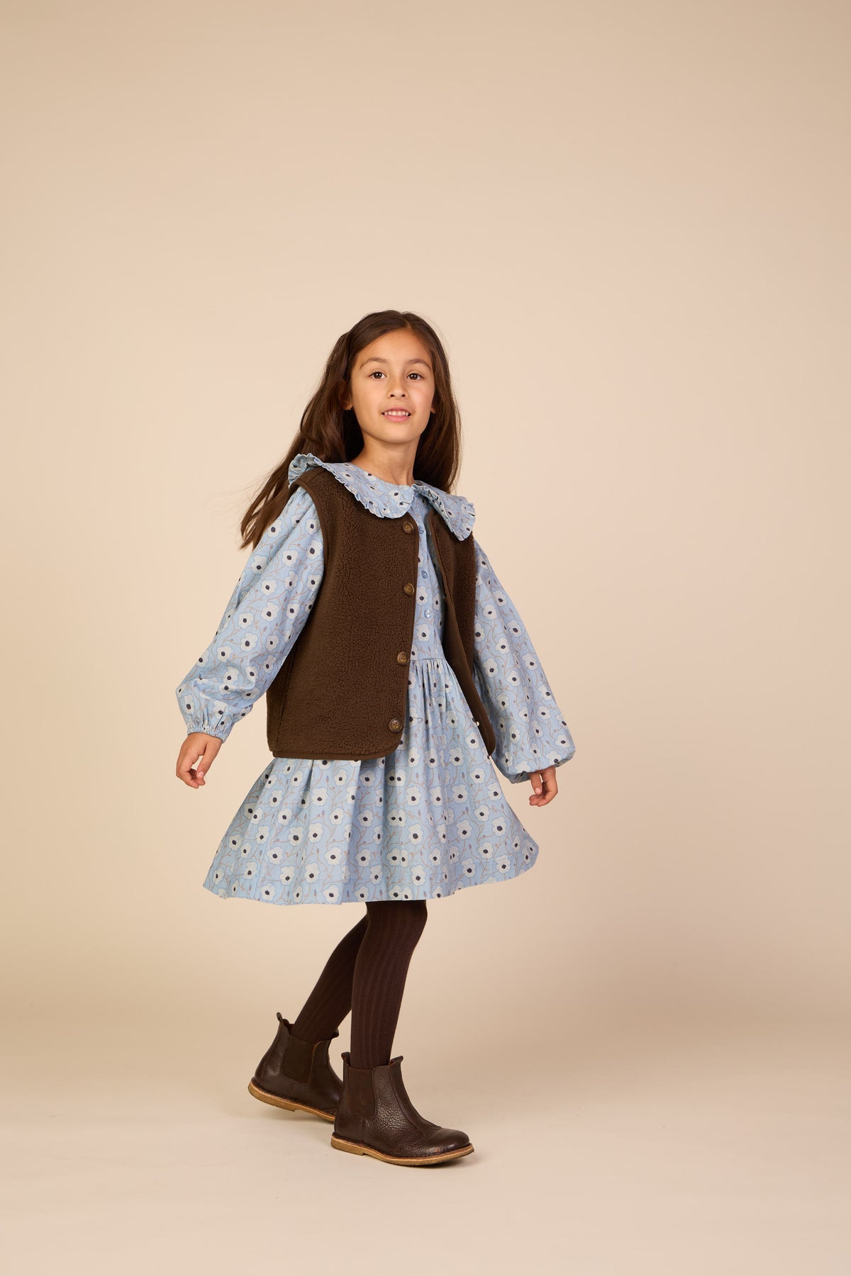 Gebloemde katoenen jurk met rucheskraag Tween - Blue/Brown | 101428 Nova