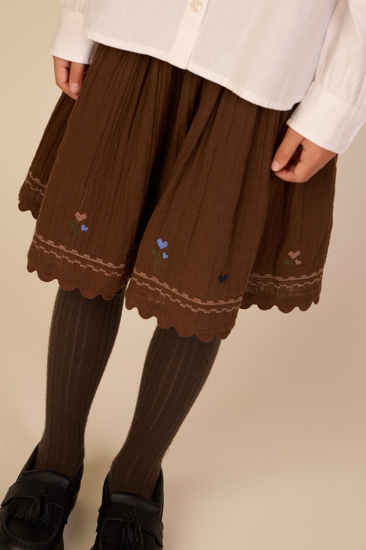 Double gauze rok met kruissteekborduursel Tween - Brown | 101472 Laureen