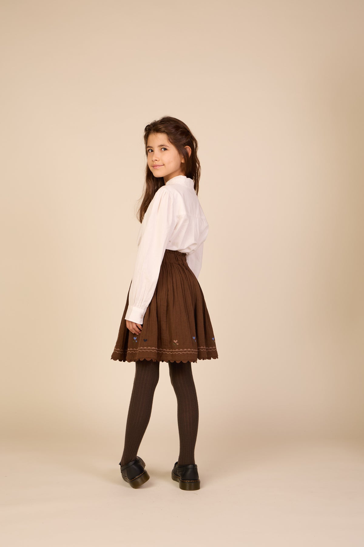 Double gauze rok met kruissteekborduursel Tween - Brown | 101472 Laureen