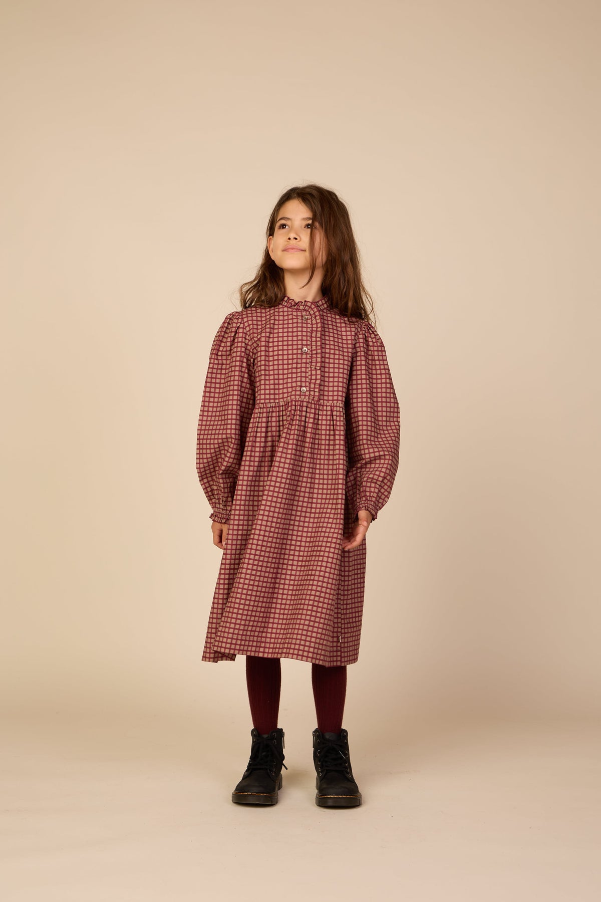 Poplin jurk met ruches langs de knopenlijst Tween - Bordeaux Check | 101437 Julia