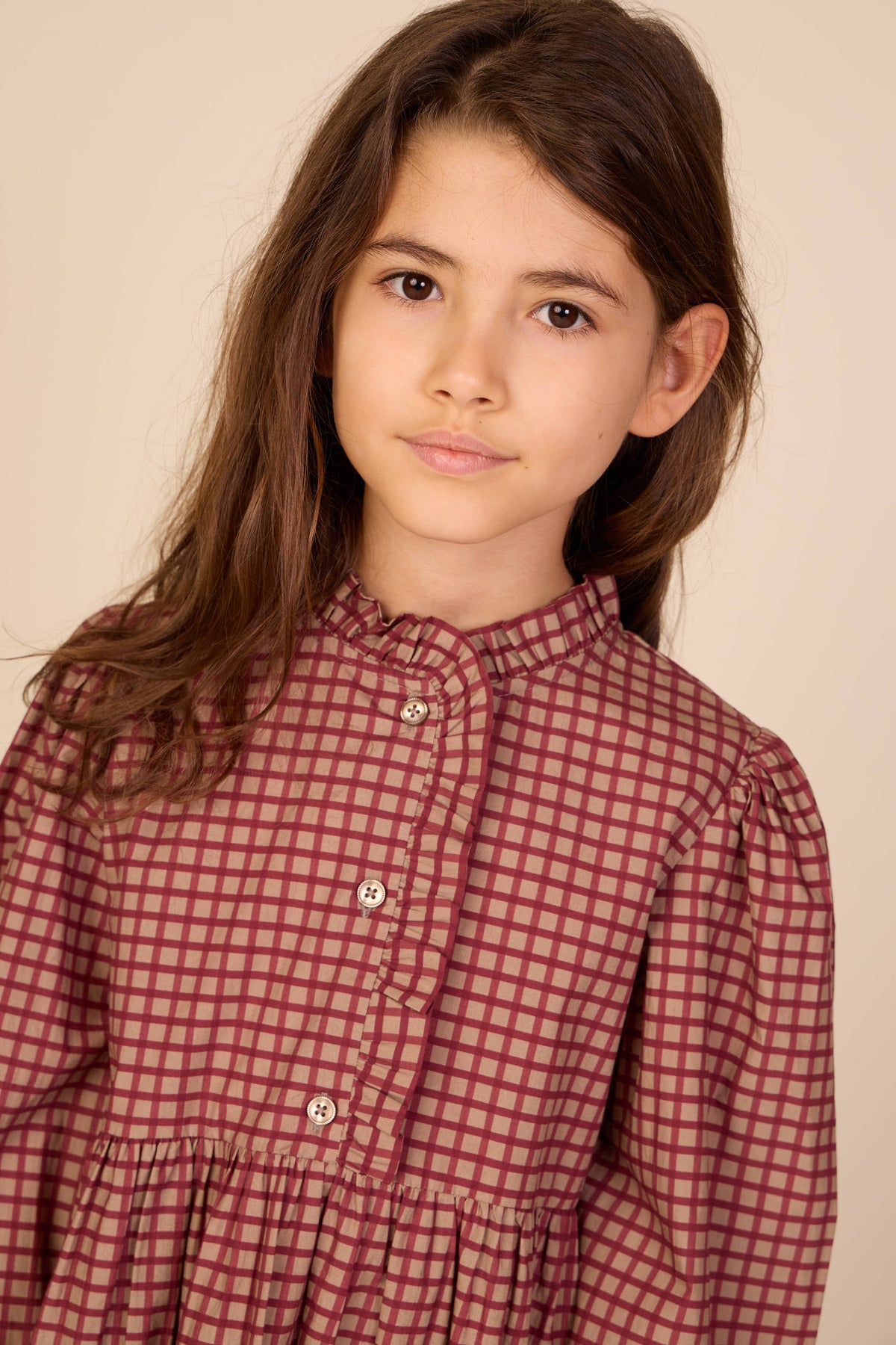 Poplin jurk met ruches langs de knopenlijst Tween - Bordeaux Check | 101437 Julia