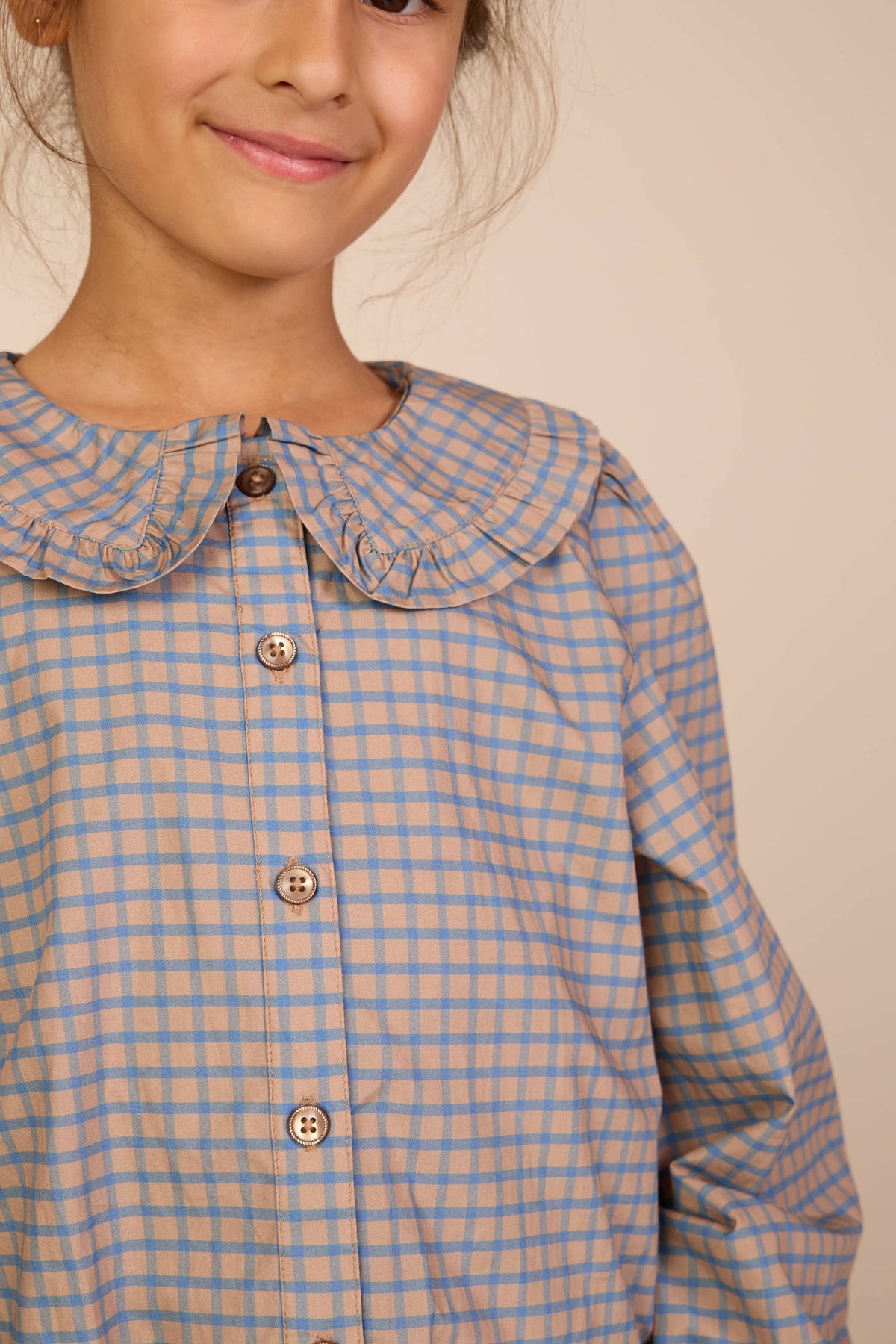 Poplin blouse met rucheskraag Tween - Blue Check | 101452 Julia