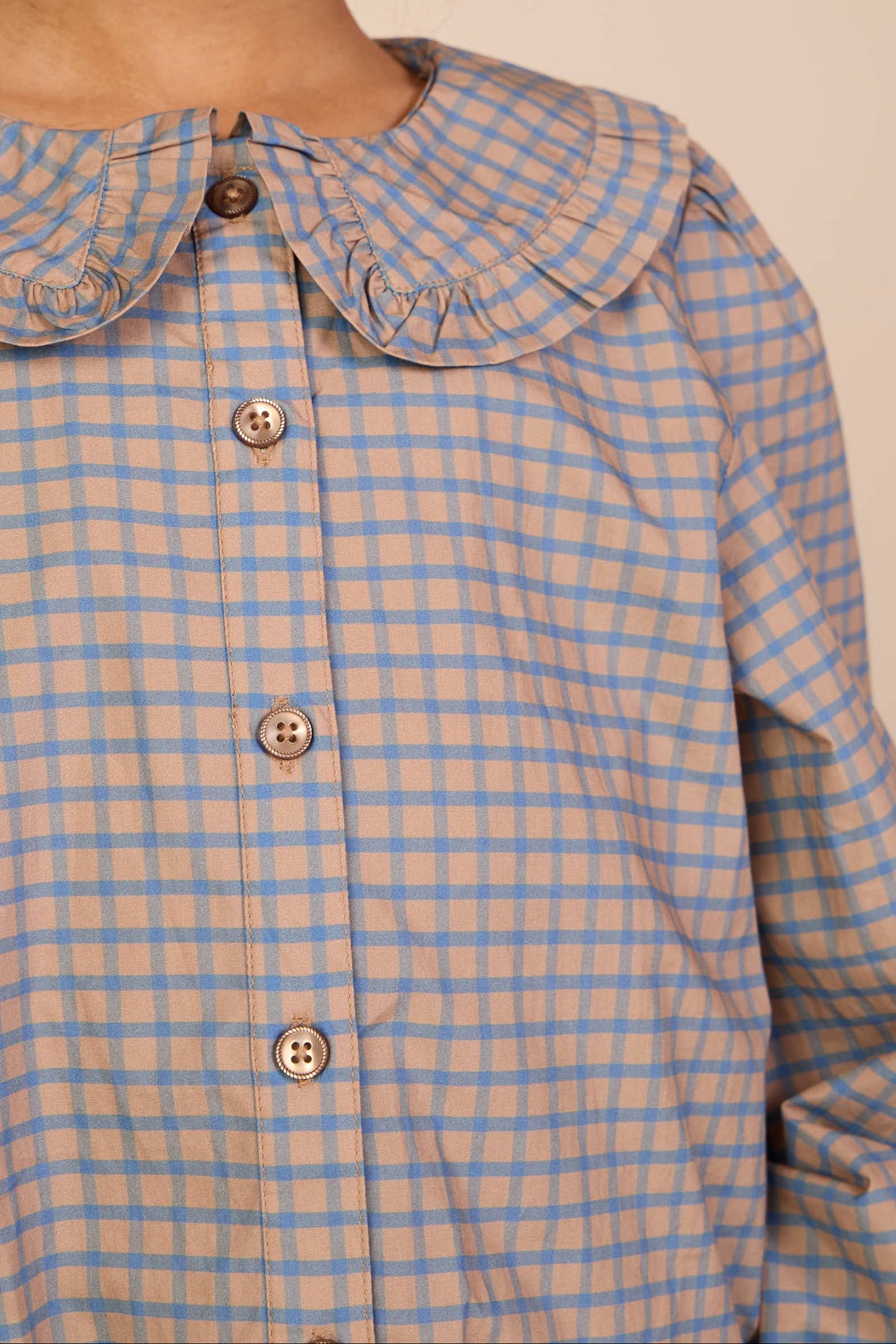 Poplin blouse met rucheskraag Kids - Blue Check | 101451 Julia