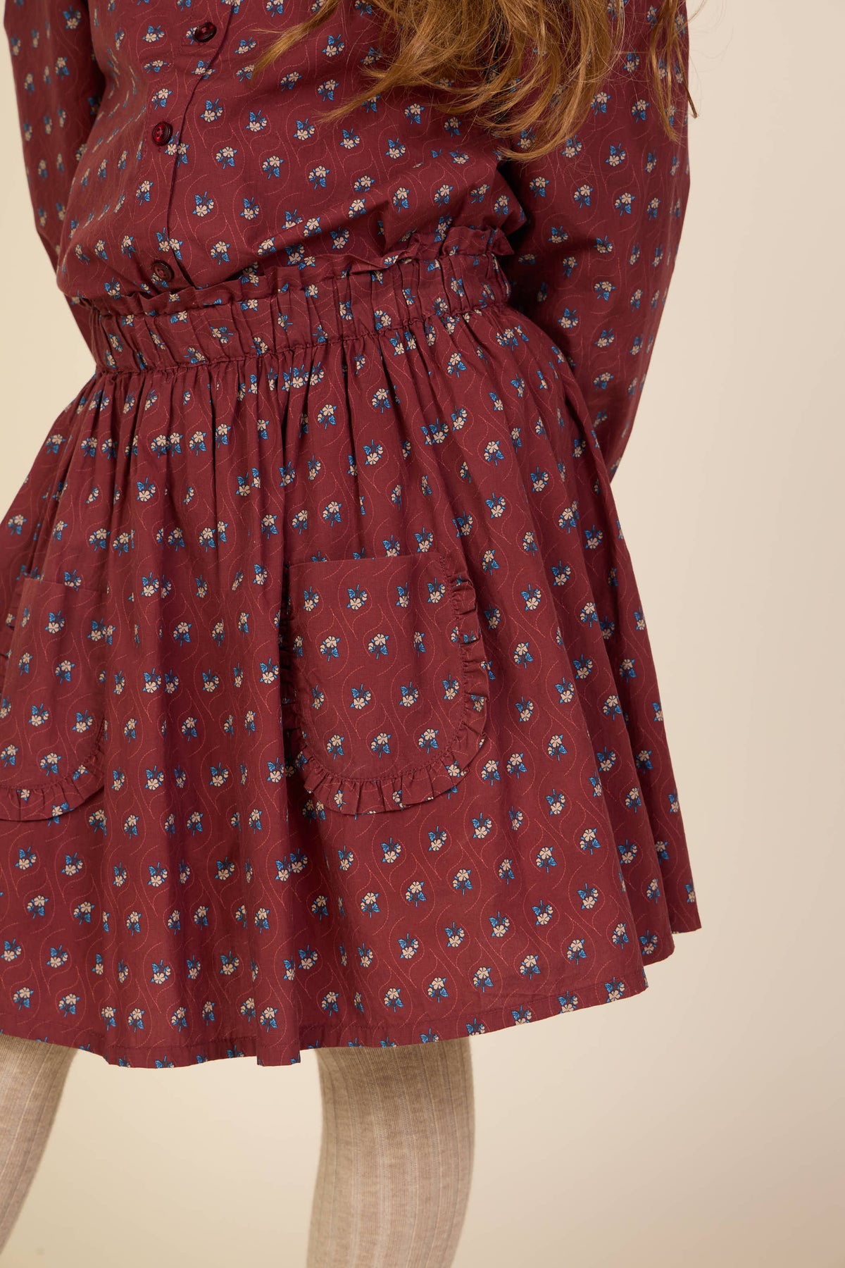 Poplin rok met ruchezakken Tween - Bordeaux Flowerprint | 101448 Julia