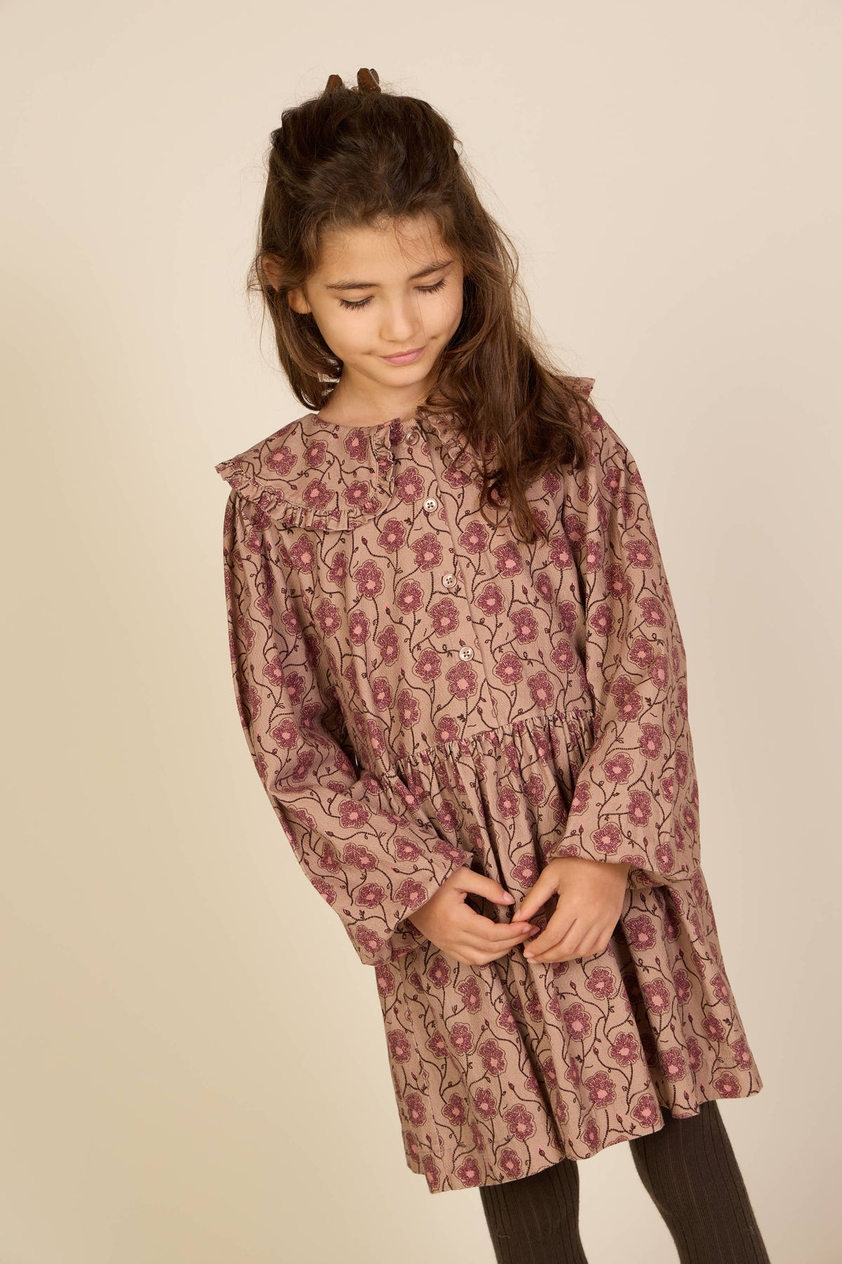 Gebloemde katoenen jurk met rucheskraag Tween - Rose/Bordeaux | 101426 Nova