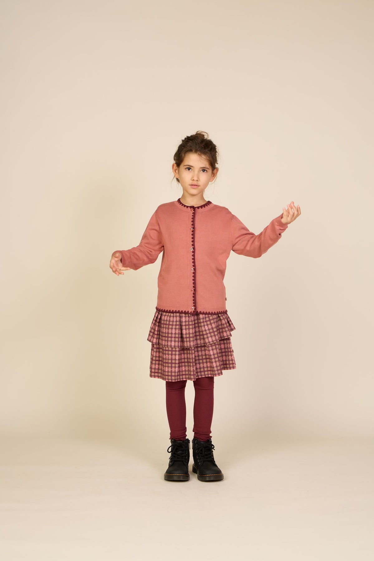 Cardigan met contrasterende stiksels Tween - Dusty Rose/Bordeaux | 101635 Lia