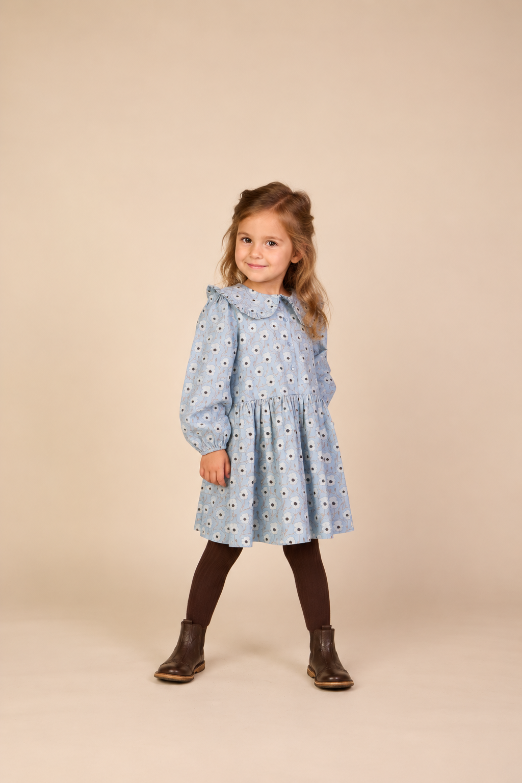 Gebloemde katoenen jurk met rucheskraag Kids - Blue/Brown | 101427 Nova